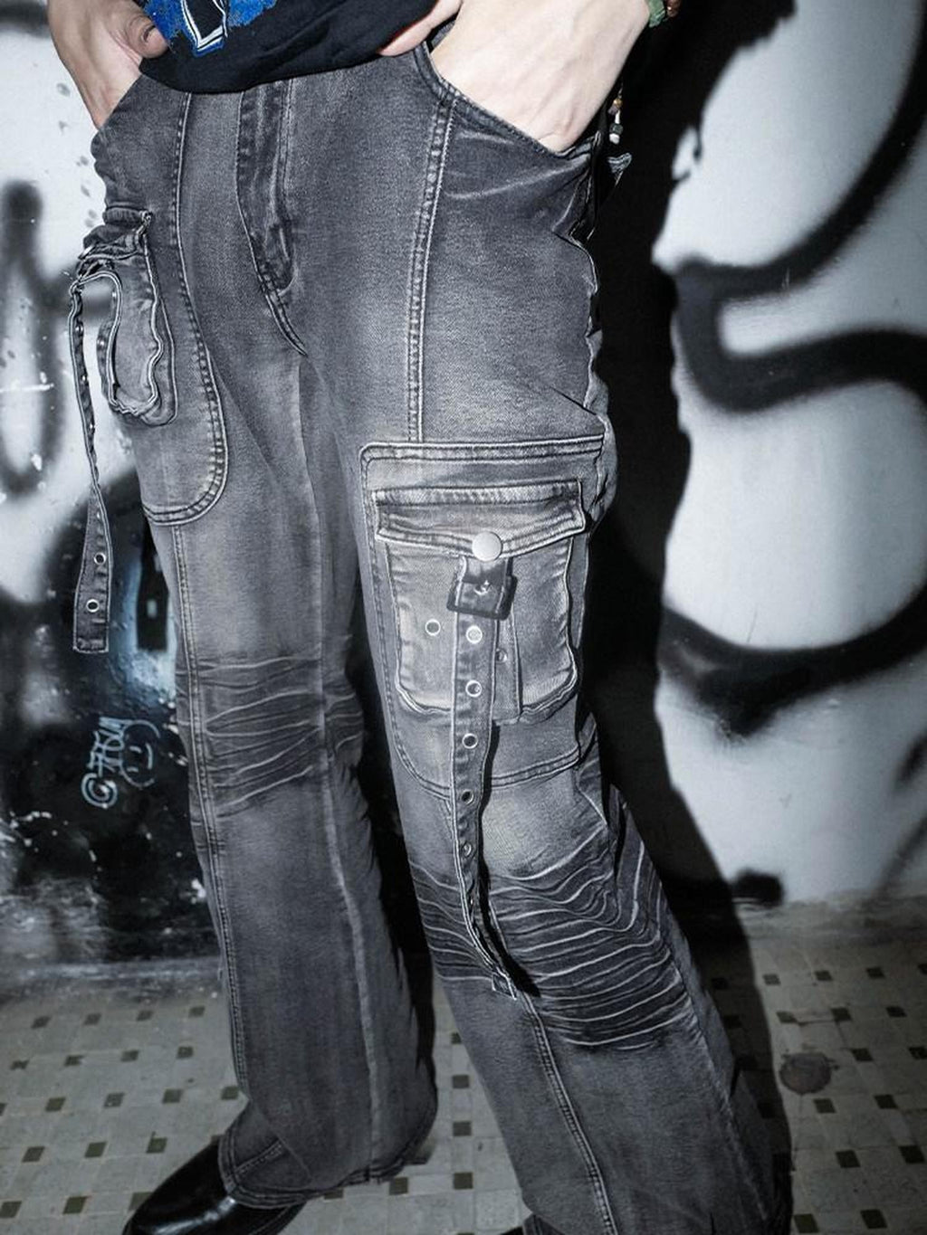 RebelSeed Grey Multi Pocket Washed Punk Goth Y2k Women's Cotton Skinny Jeans