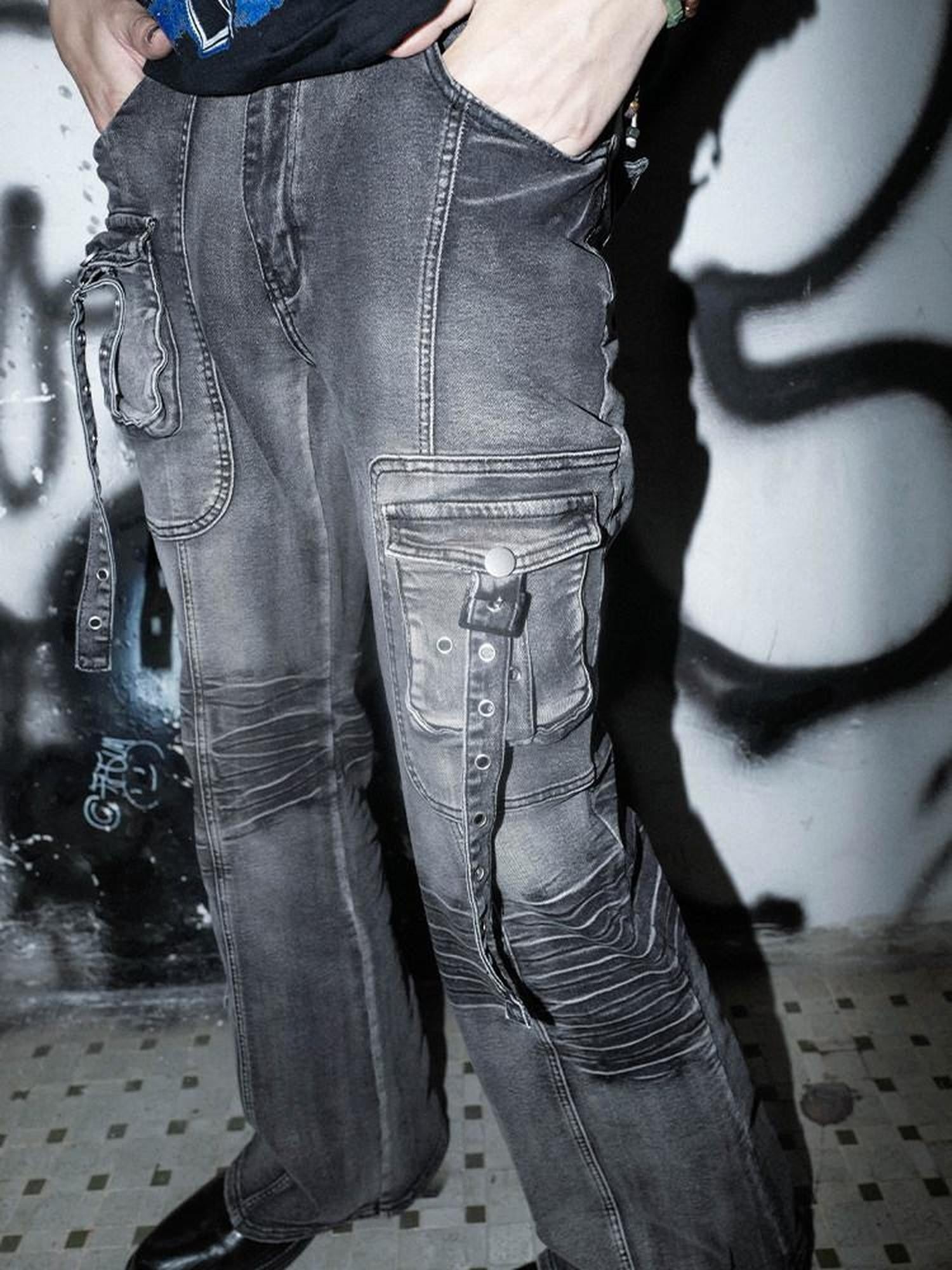 RebelSeed Grey Multi Pocket Washed Punk Goth Y2k Women's Cotton Skinny Jeans