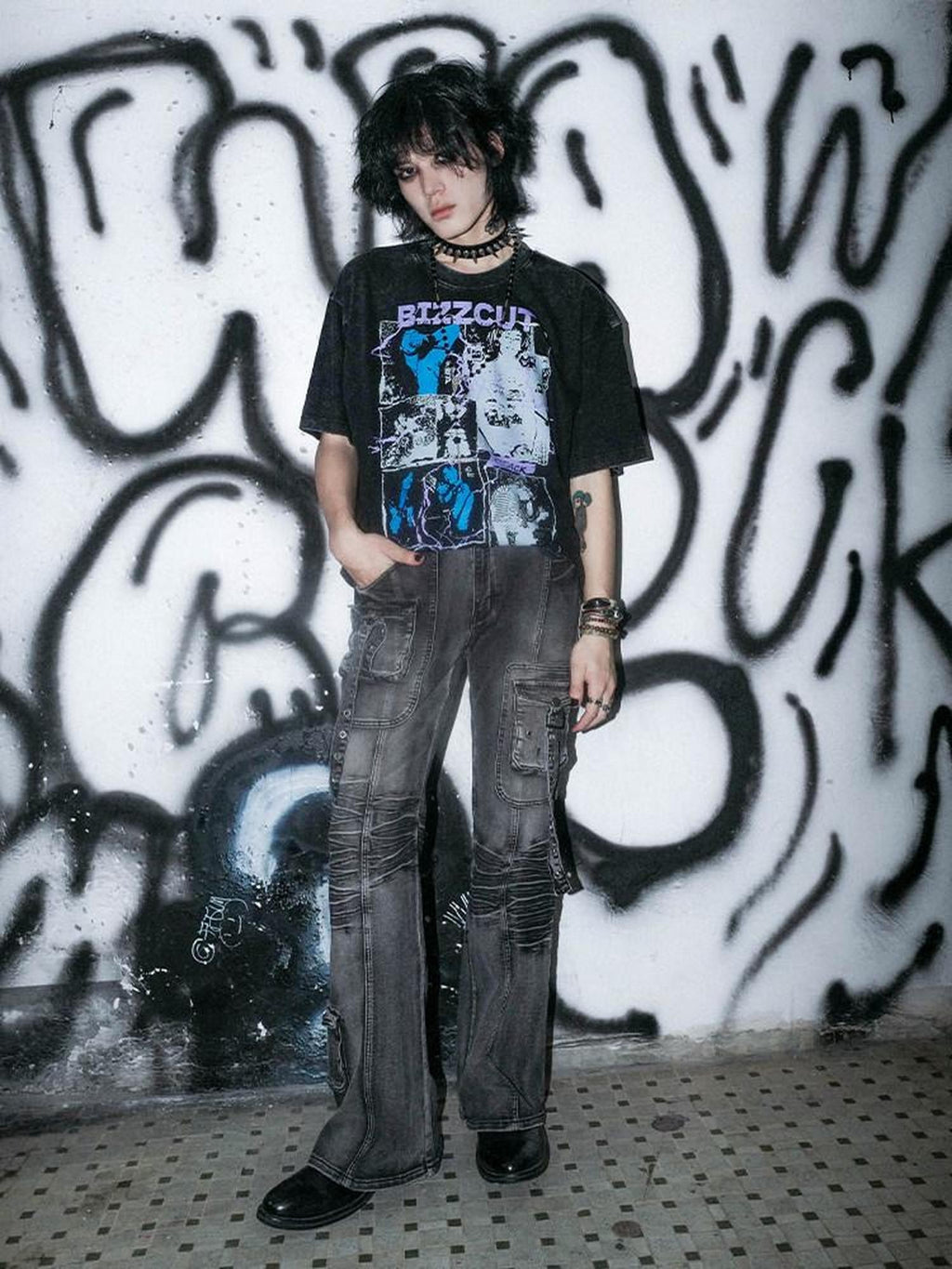 RebelSeed Grey Multi Pocket Washed Punk Goth Y2k Women's Cotton Skinny Jeans