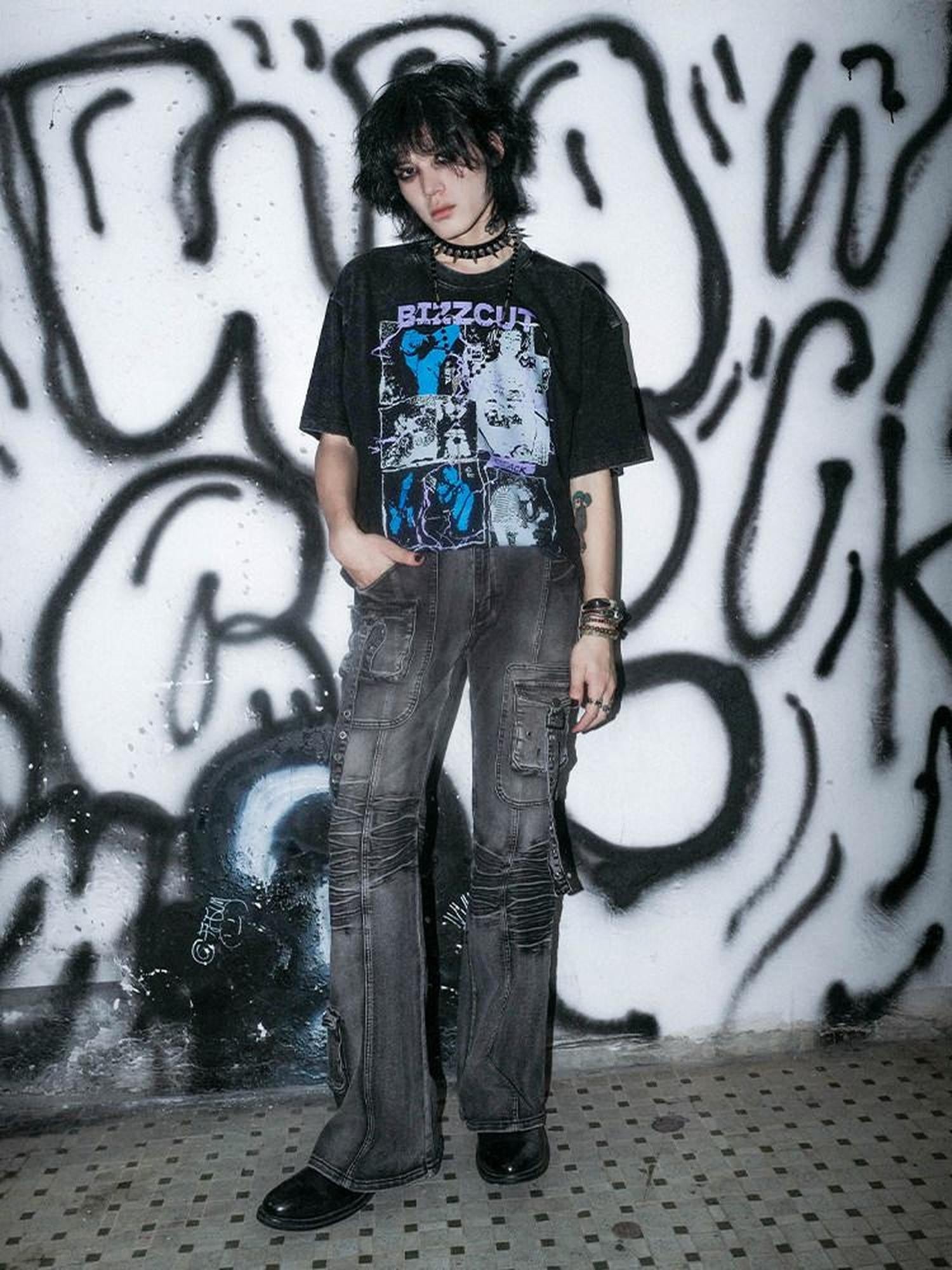 RebelSeed Grey Multi Pocket Washed Punk Goth Y2k Women's Cotton Skinny Jeans