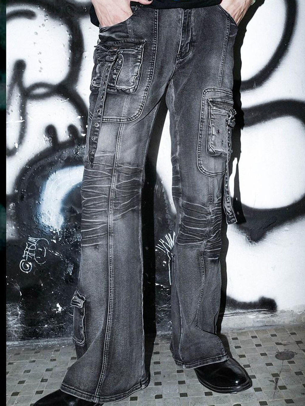 RebelSeed Grey Multi Pocket Washed Punk Goth Y2k Women's Cotton Skinny Jeans