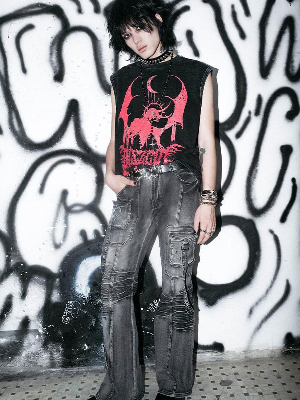 RebelSeed Grey Multi Pocket Washed Punk Goth Y2k Women's Cotton Skinny Jeans