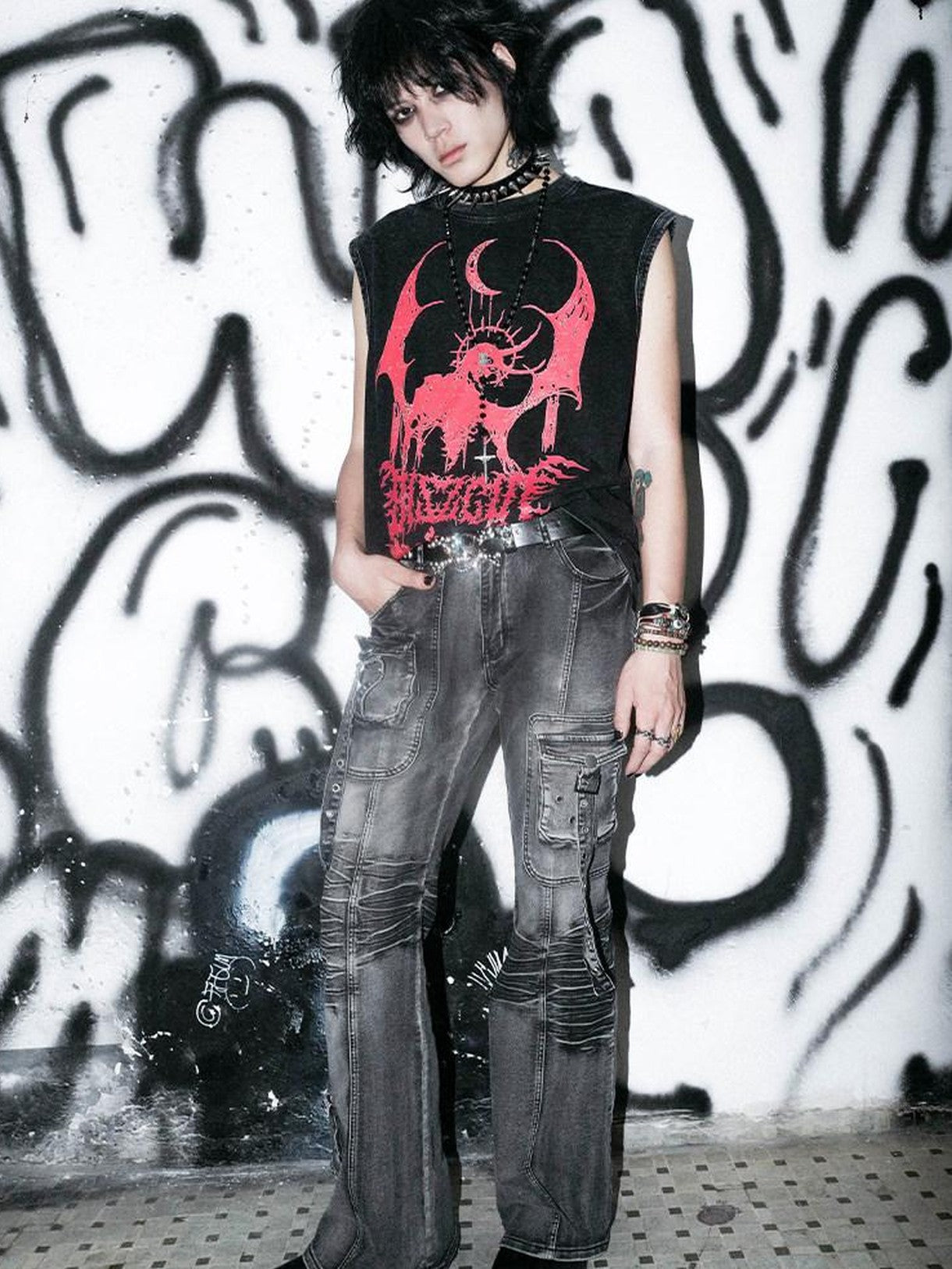 RebelSeed Grey Multi Pocket Washed Punk Goth Y2k Women's Cotton Skinny Jeans