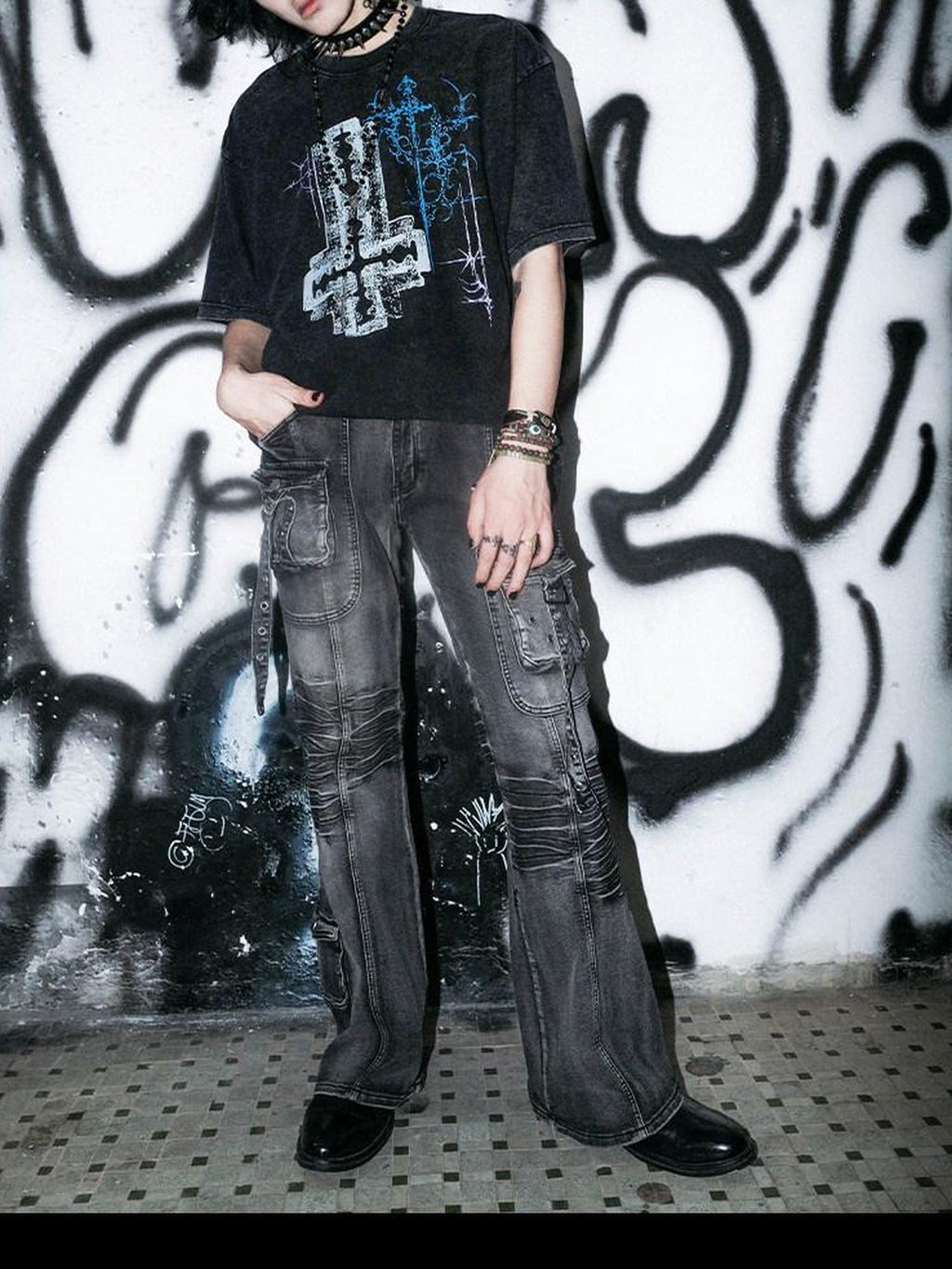 RebelSeed Grey Multi Pocket Washed Punk Goth Y2k Women's Cotton Skinny Jeans