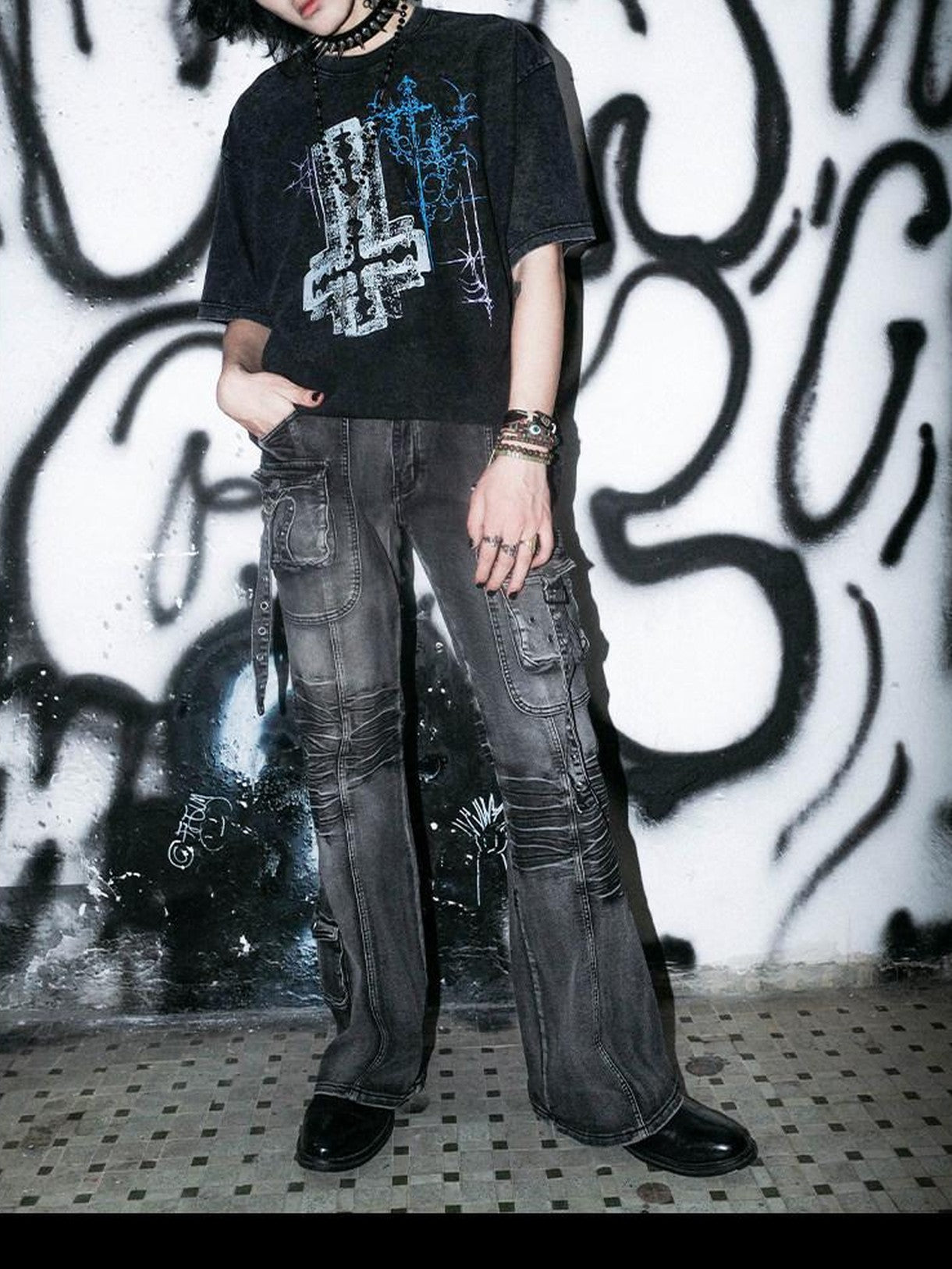 RebelSeed Grey Multi Pocket Washed Punk Goth Y2k Women's Cotton Skinny Jeans