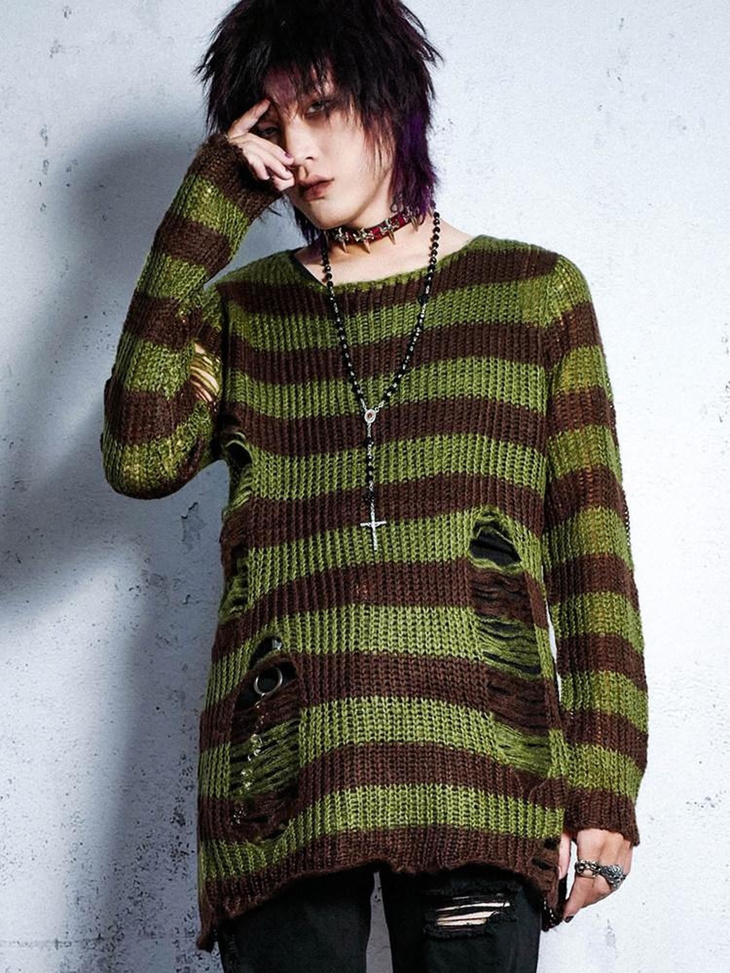 RebelSeed Grunge Distressed Cutout Striped Loose Women's Manmade Fiber Sweaters