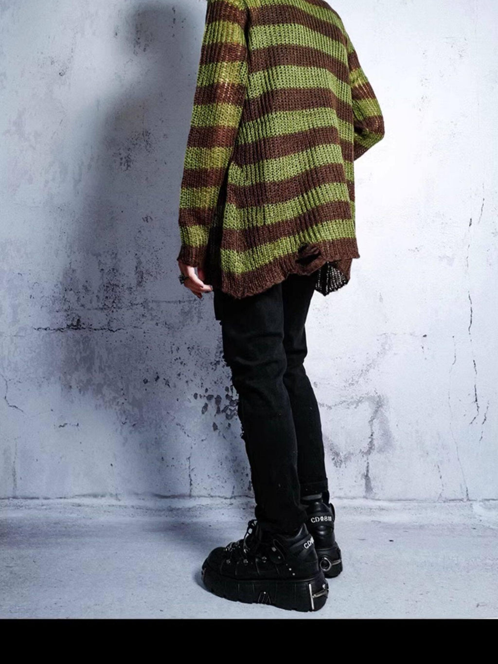RebelSeed Grunge Distressed Cutout Striped Loose Women's Manmade Fiber Sweaters