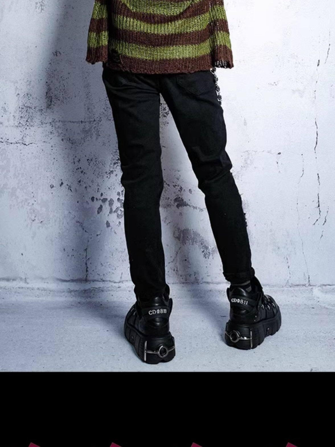 RebelSeed Grunge Distressed Cutout Striped Loose Women's Manmade Fiber Sweaters