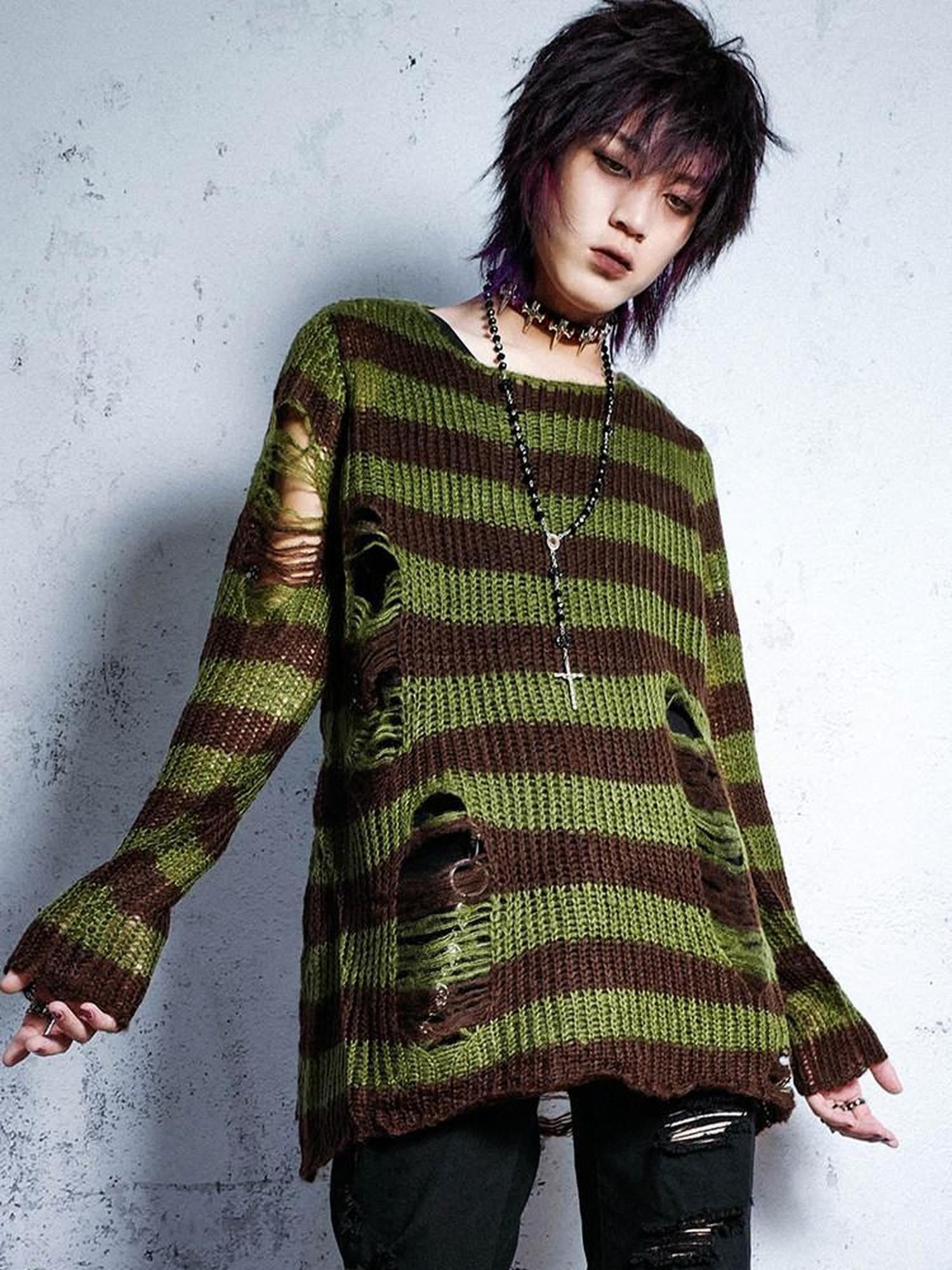 RebelSeed Grunge Distressed Cutout Striped Loose Women's Manmade Fiber Sweaters