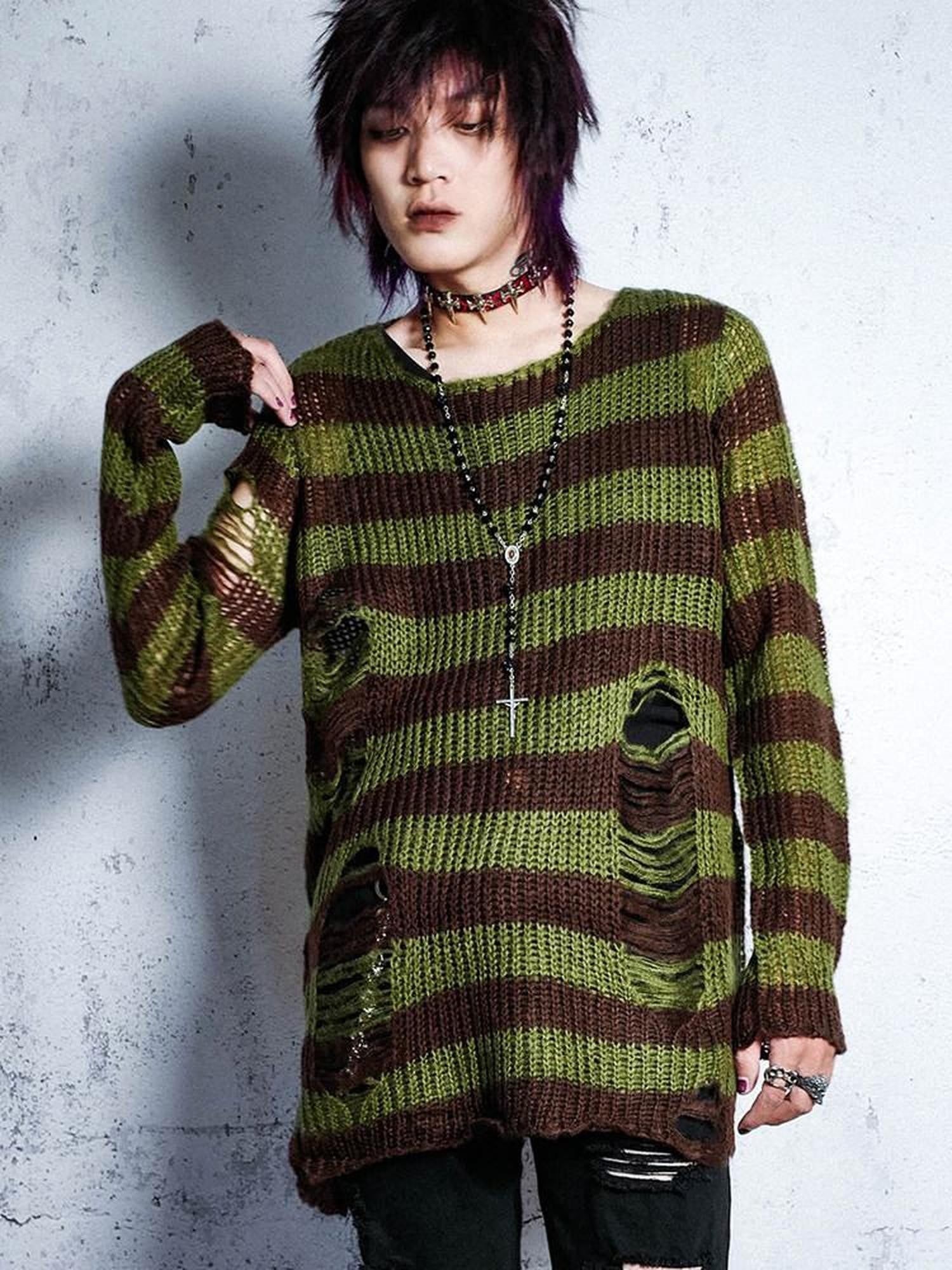 RebelSeed Grunge Distressed Cutout Striped Loose Women's Manmade Fiber Sweaters
