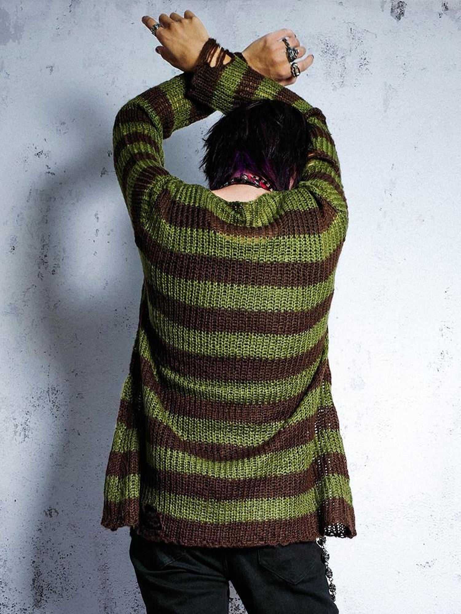 RebelSeed Grunge Distressed Cutout Striped Loose Women's Manmade Fiber Sweaters