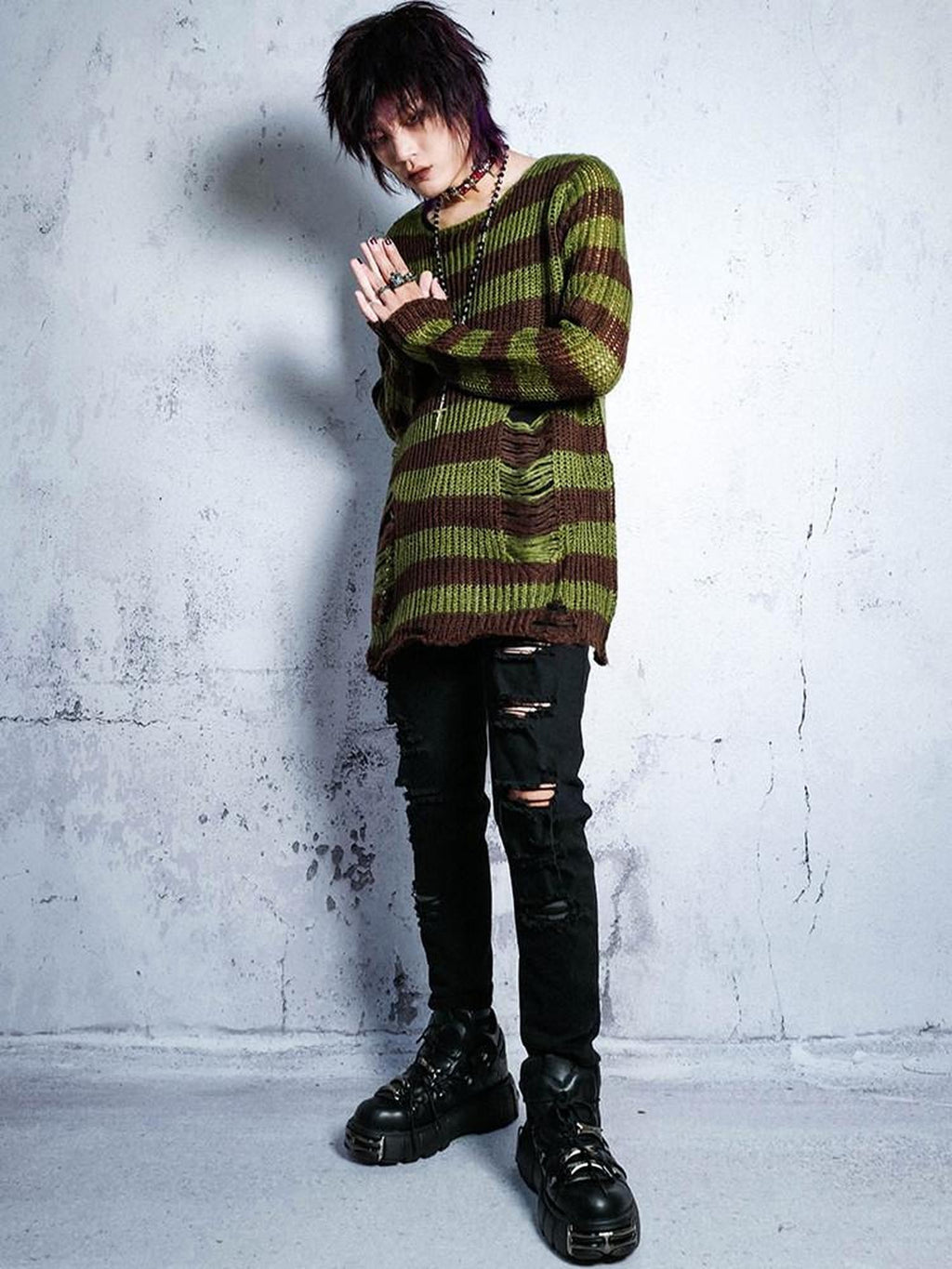 RebelSeed Grunge Distressed Cutout Striped Loose Women's Manmade Fiber Sweaters
