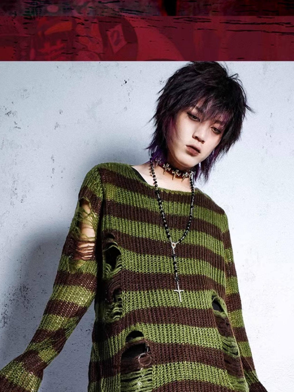 RebelSeed Grunge Distressed Cutout Striped Loose Women's Manmade Fiber Sweaters