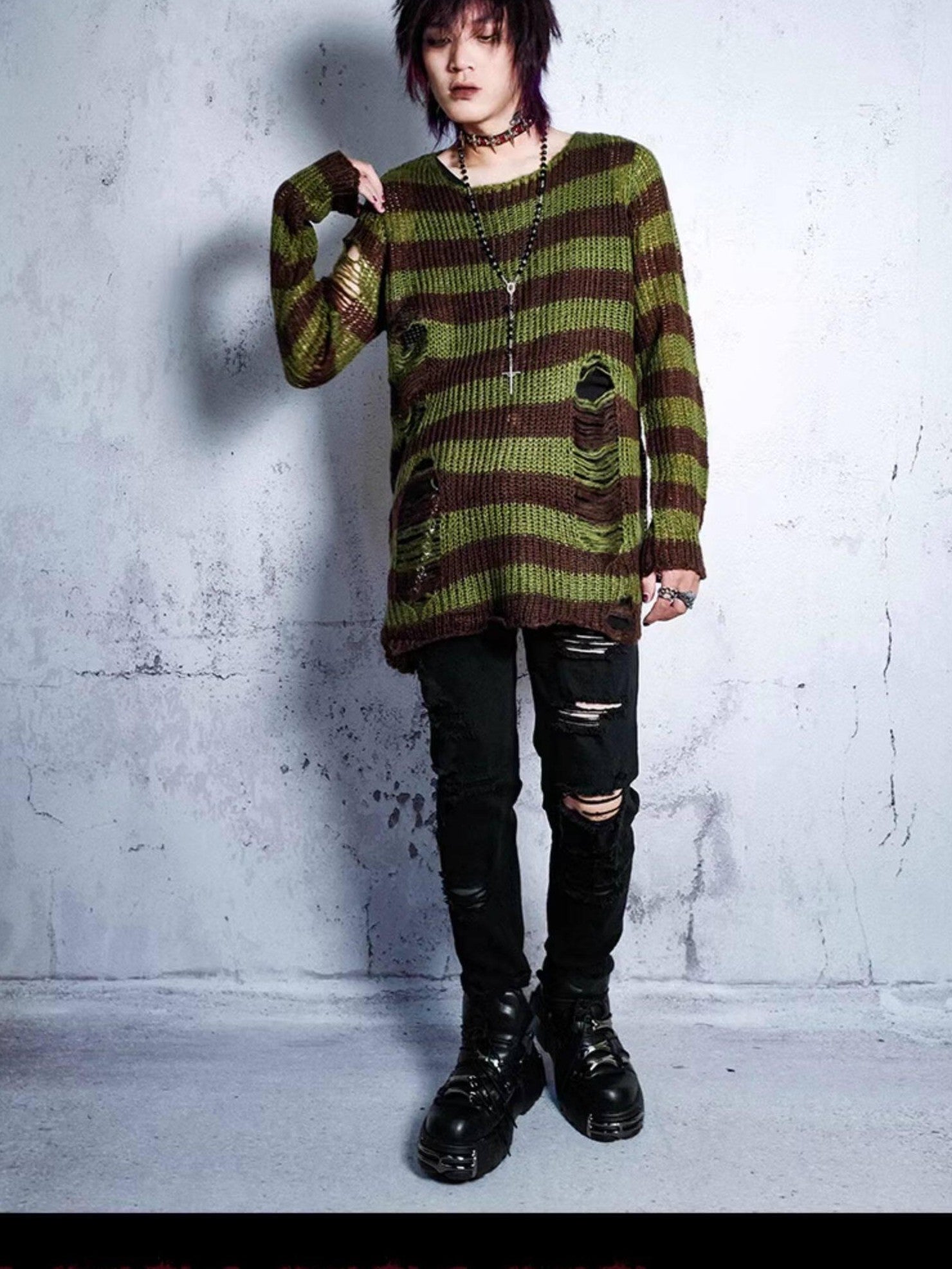 RebelSeed Grunge Distressed Cutout Striped Loose Women's Manmade Fiber Sweaters