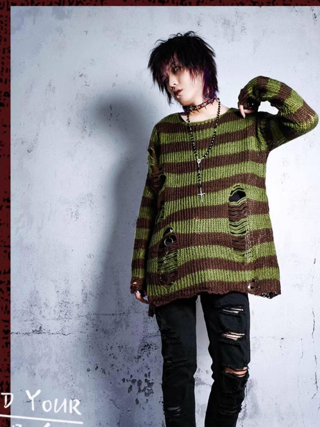 RebelSeed Grunge Distressed Cutout Striped Loose Women's Manmade Fiber Sweaters
