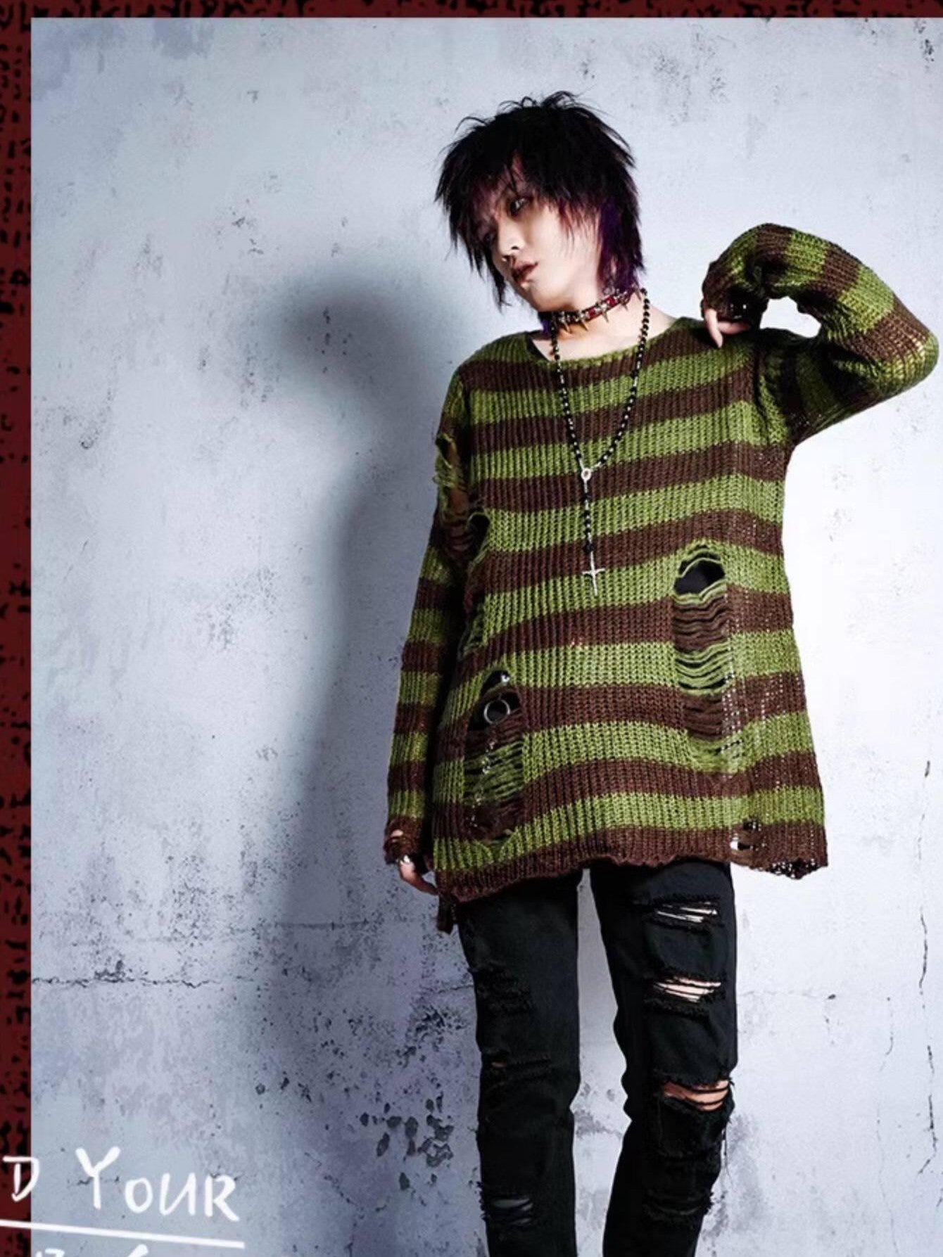 RebelSeed Grunge Distressed Cutout Striped Loose Women's Manmade Fiber Sweaters
