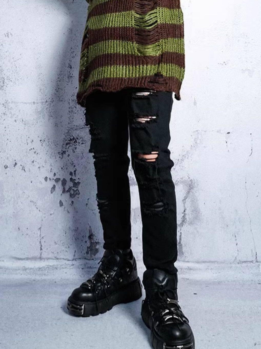 RebelSeed Grunge Distressed Cutout Striped Loose Women's Manmade Fiber Sweaters
