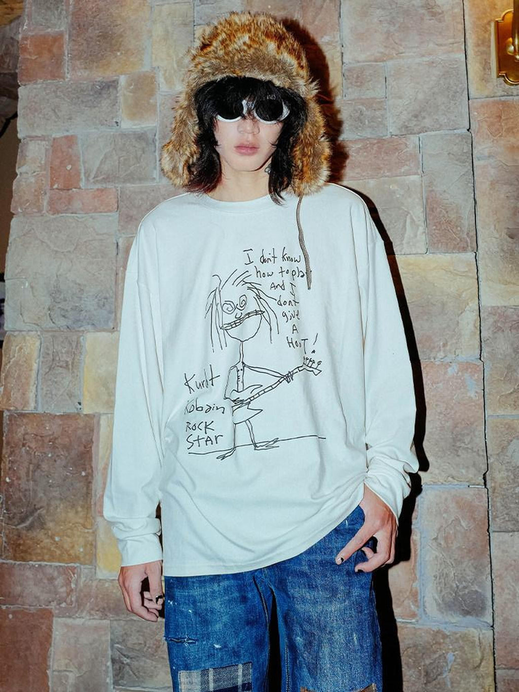 RebelSeed Grunge Heat Transfer Print Drop Shoulder Women's Cotton Long Sleeve T-shirts