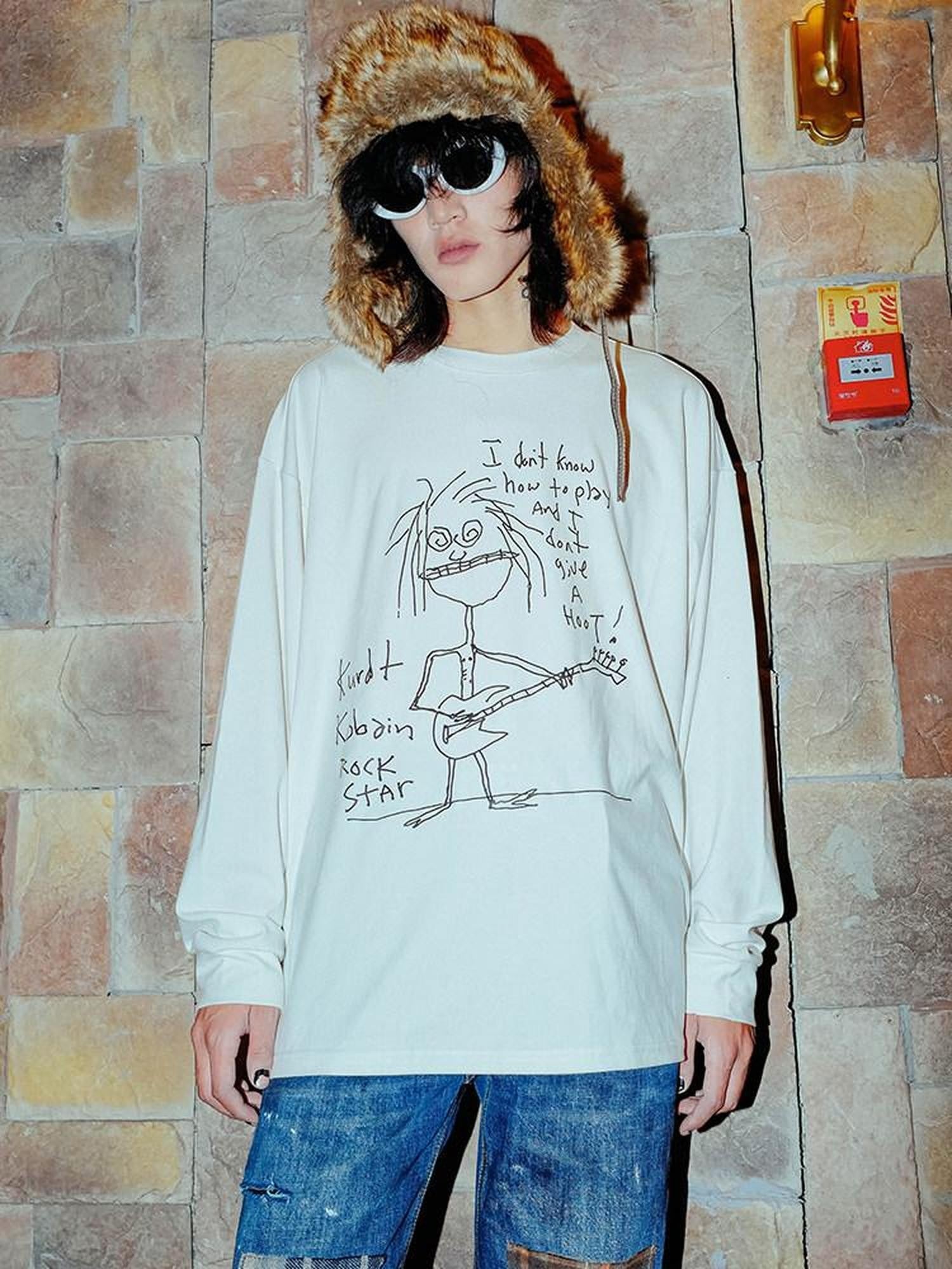 RebelSeed Grunge Heat Transfer Print Drop Shoulder Women's Cotton Long Sleeve T-shirts