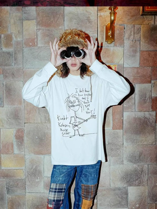 RebelSeed Grunge Heat Transfer Print Drop Shoulder Women's Cotton Long Sleeve T-shirts