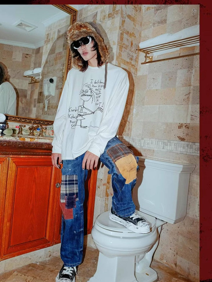 RebelSeed Grunge Heat Transfer Print Drop Shoulder Women's Cotton Long Sleeve T-shirts