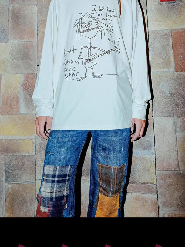 RebelSeed Grunge Heat Transfer Print Drop Shoulder Women's Cotton Long Sleeve T-shirts