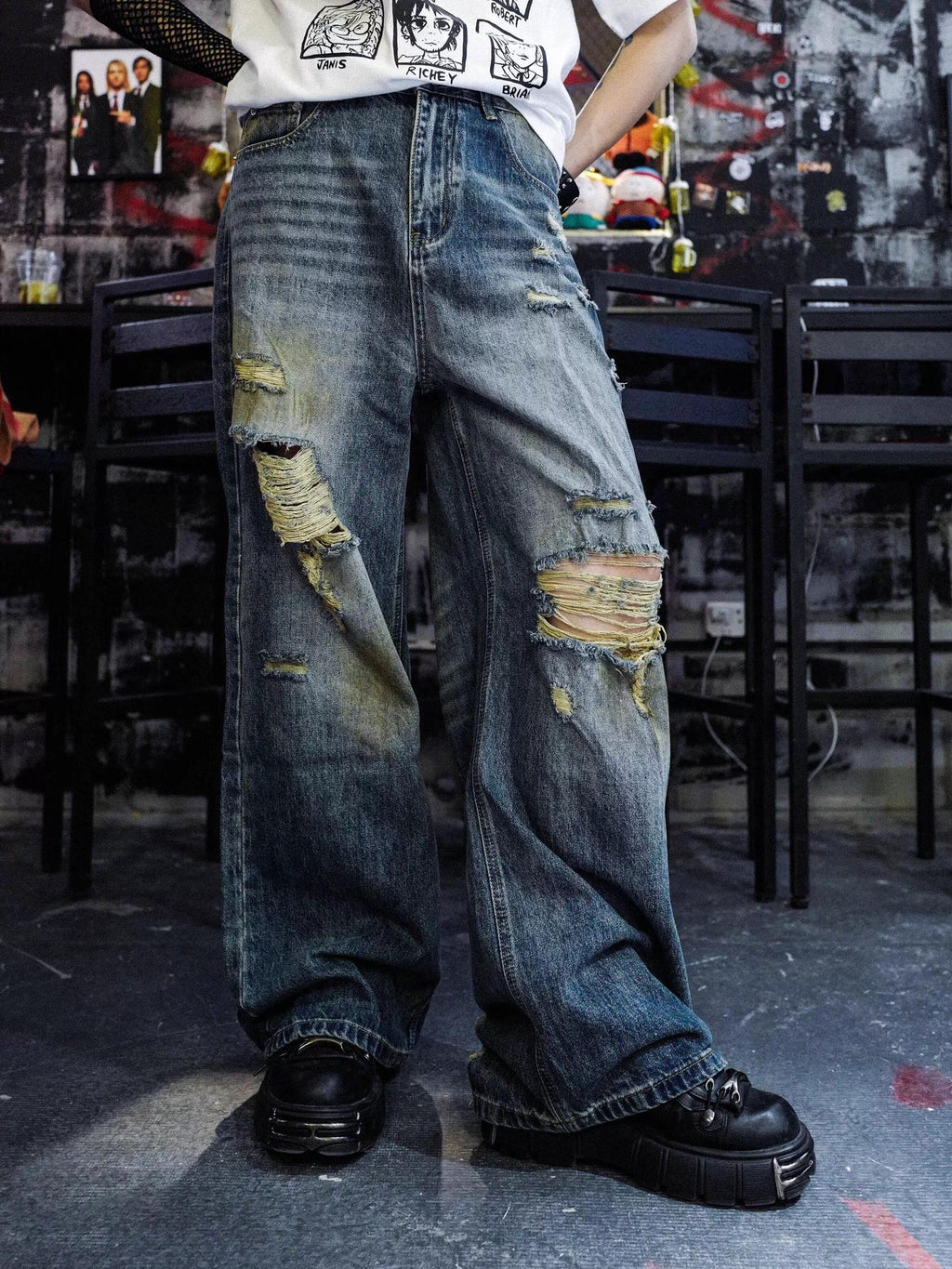 RebelSeed Grunge Punk Embroidered Distressed Flared Women's Denim Ripped Jeans