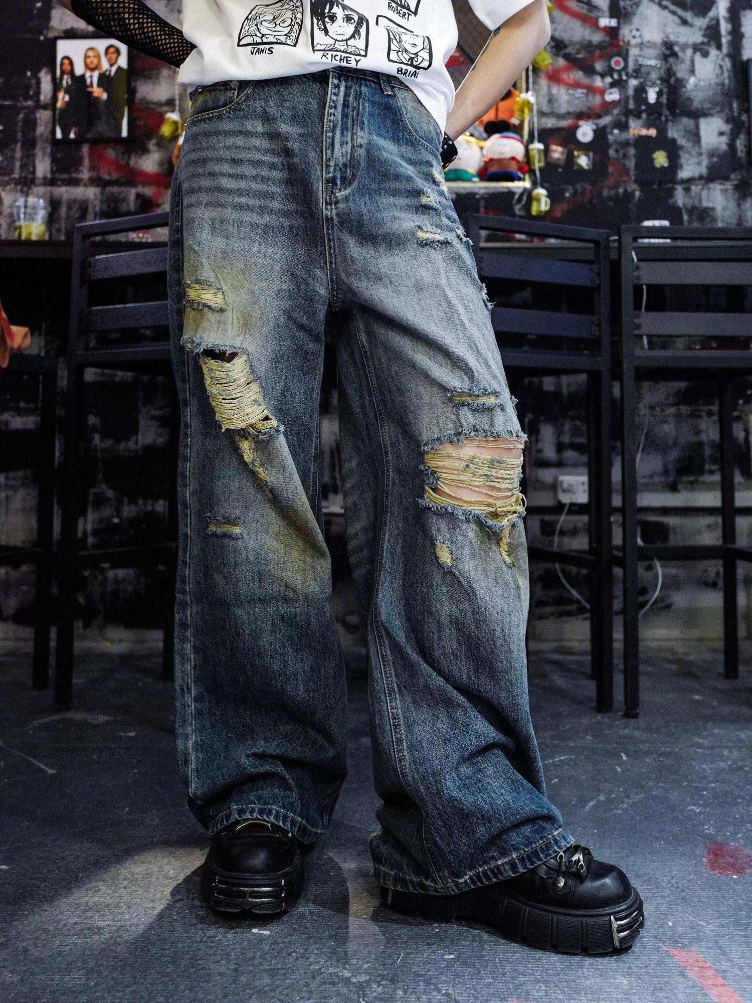 RebelSeed Grunge Punk Embroidered Distressed Flared Women's Denim Ripped Jeans