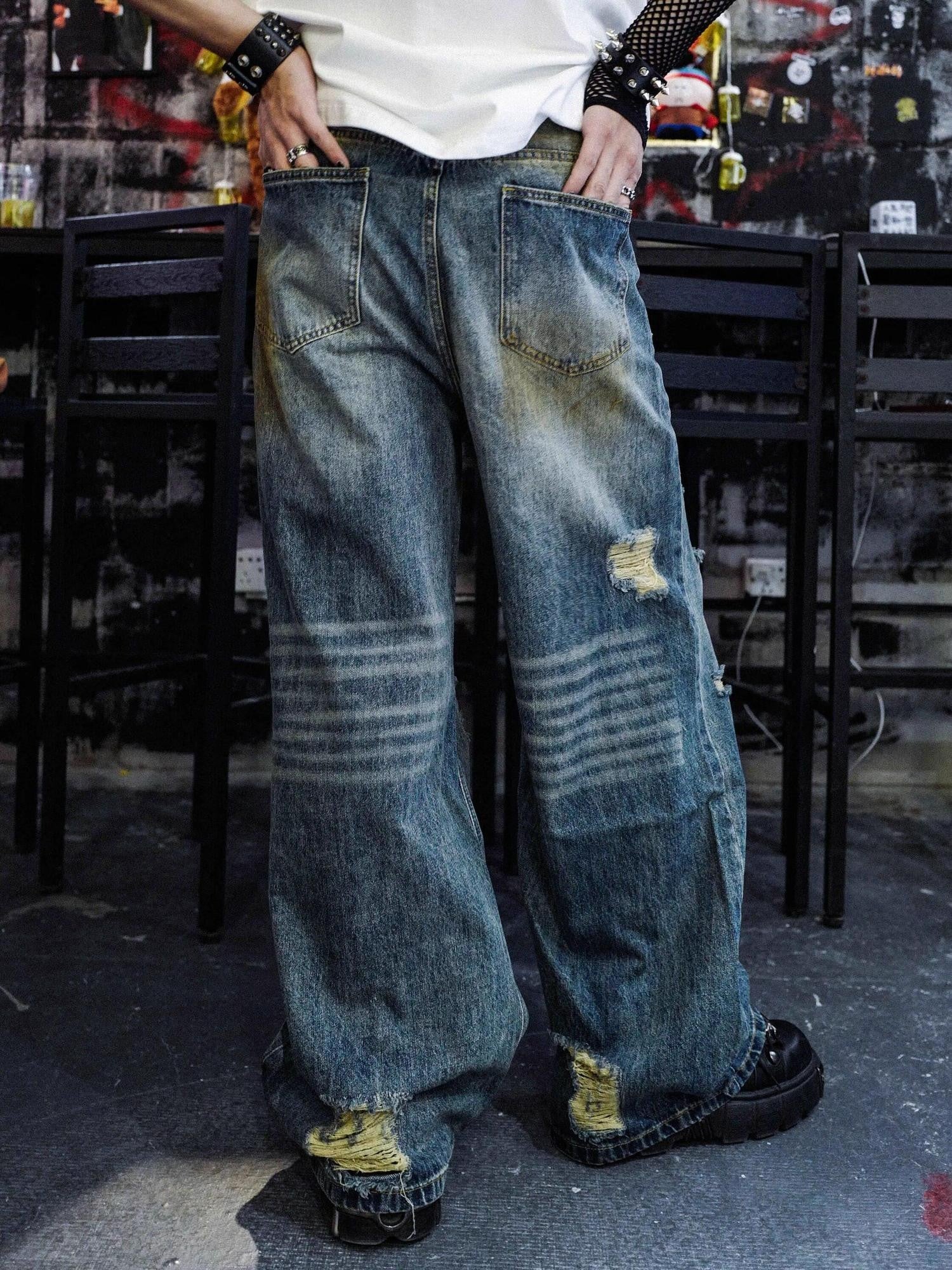 RebelSeed Grunge Punk Embroidered Distressed Flared Women's Denim Ripped Jeans