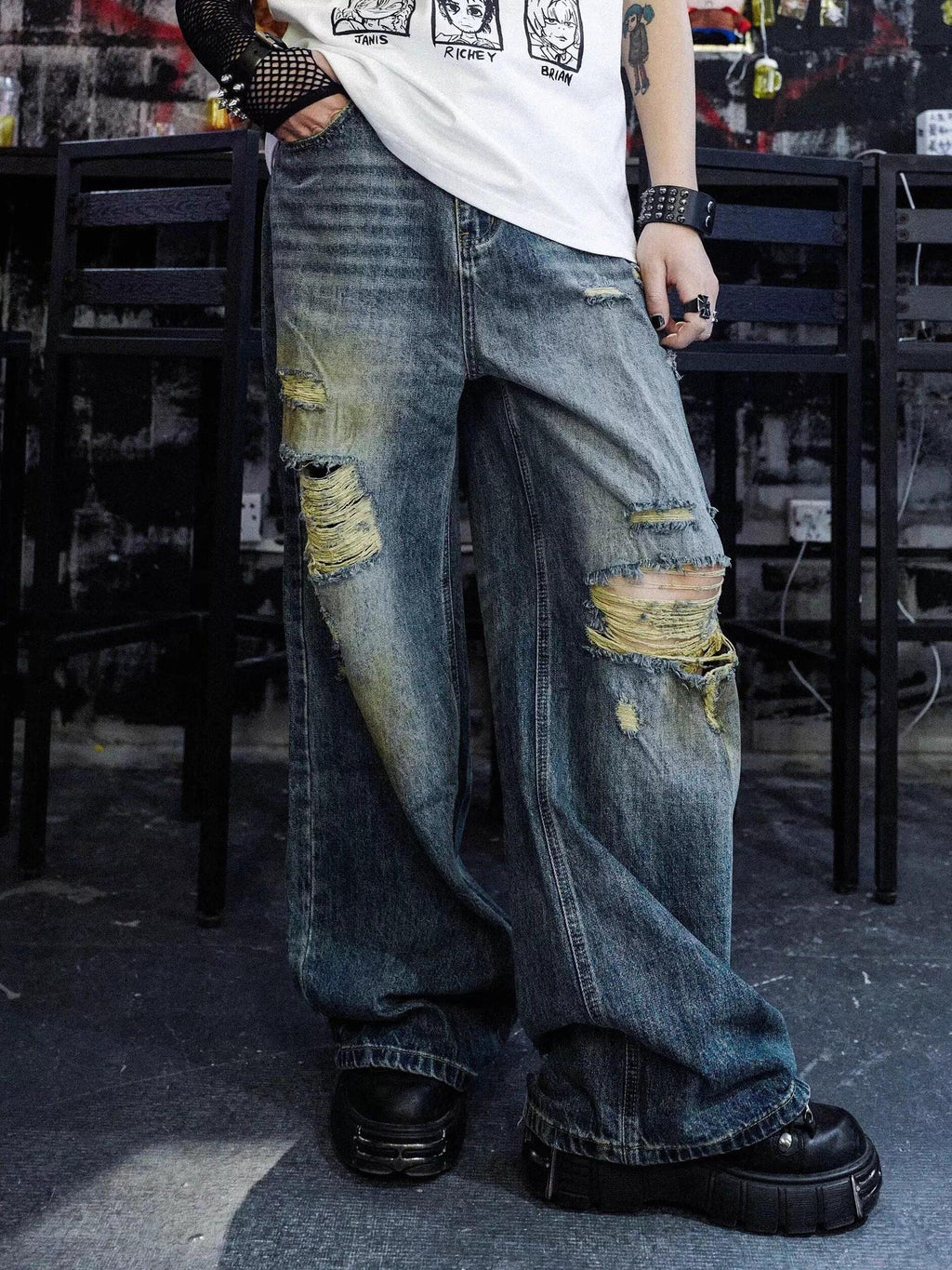 RebelSeed Grunge Punk Embroidered Distressed Flared Women's Denim Ripped Jeans