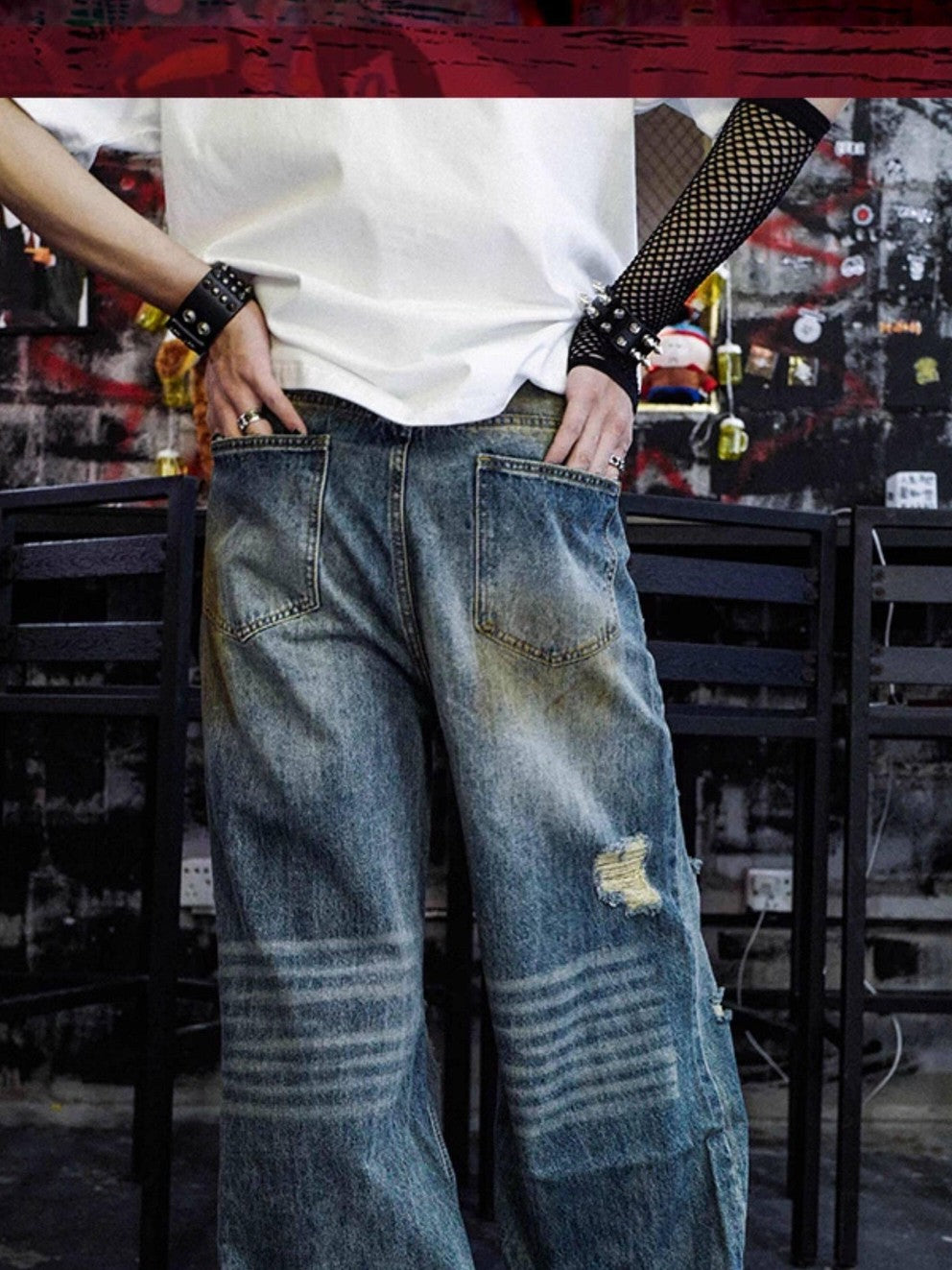 RebelSeed Grunge Punk Embroidered Distressed Flared Women's Denim Ripped Jeans