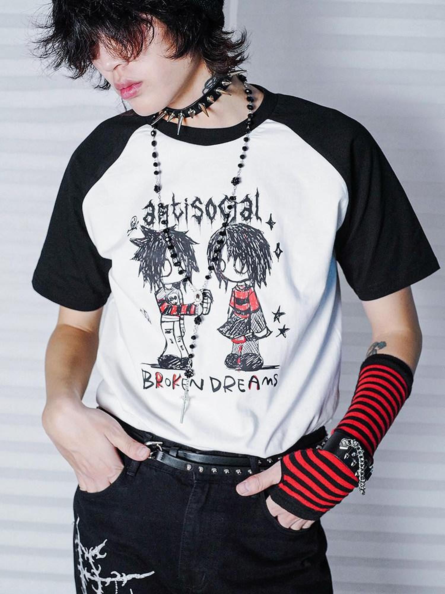 RebelSeed Hand Drawn Colorblock Raglan Print Punk Women's Short Sleeve T-shirts