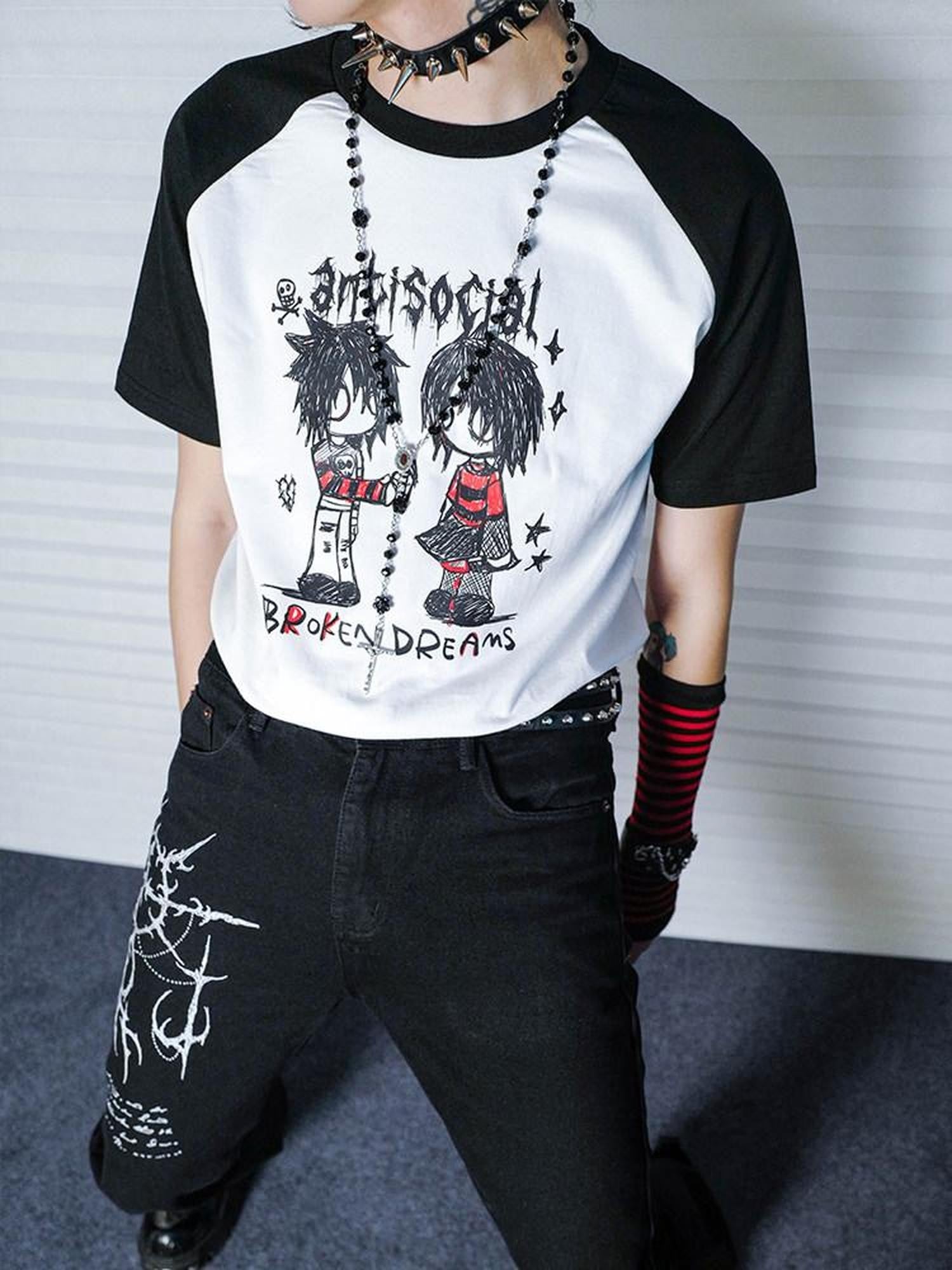 RebelSeed Hand Drawn Colorblock Raglan Print Punk Women's Short Sleeve T-shirts