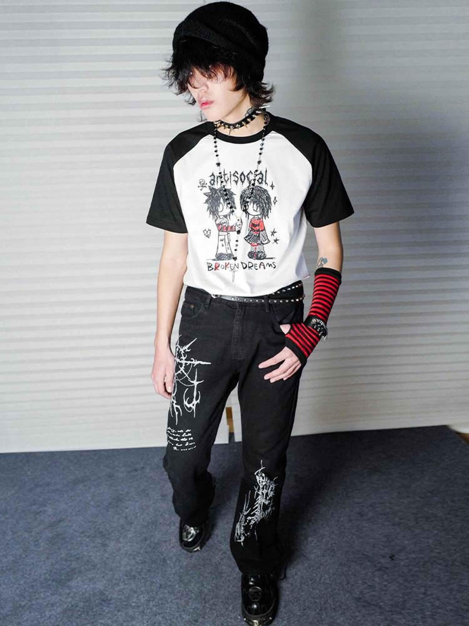 RebelSeed Hand Drawn Colorblock Raglan Print Punk Women's Short Sleeve T-shirts