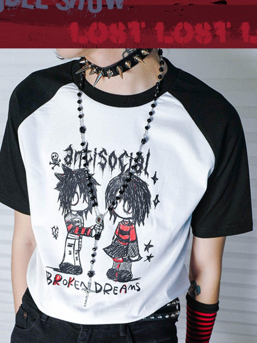 RebelSeed Hand Drawn Colorblock Raglan Print Punk Women's Short Sleeve T-shirts
