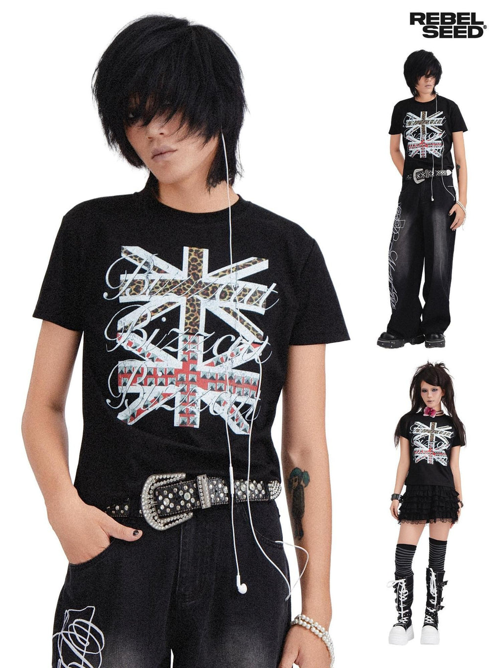 RebelSeed Heat Transfer Skull Demon Print Rock Punk Women's Cotton Short Sleeve T-shirts