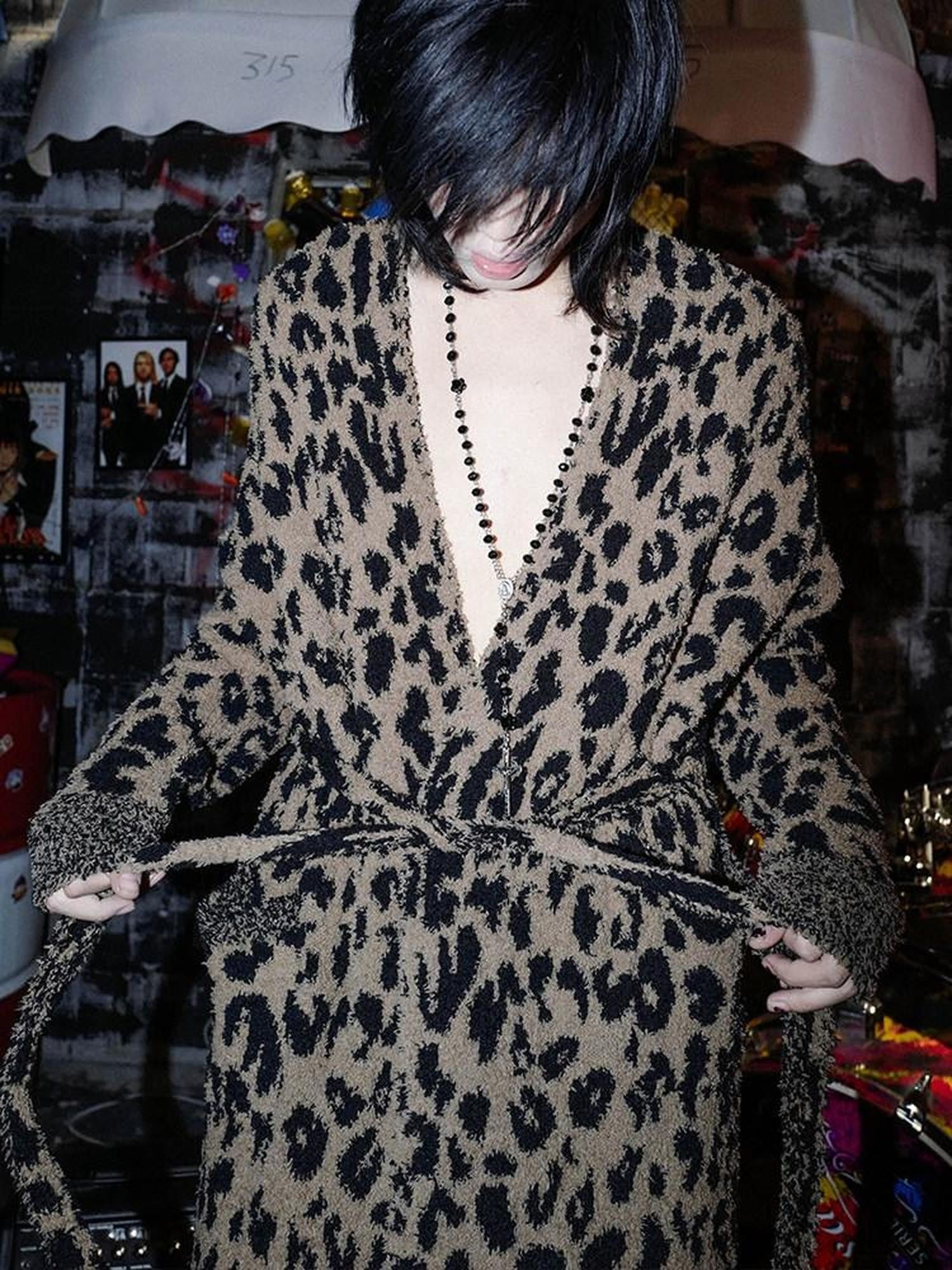 RebelSeed Leopard Print Decorative Loop Tie Drop Shoulder Women's Polyester Long Wrap Coats