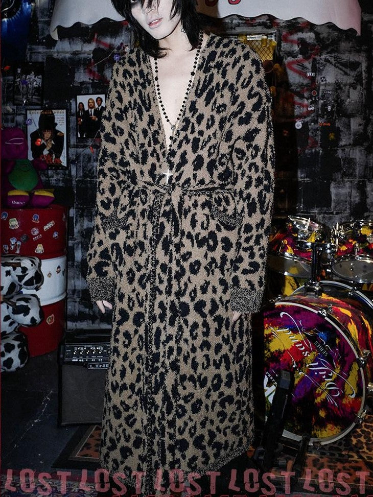 RebelSeed Leopard Print Decorative Loop Tie Drop Shoulder Women's Polyester Long Wrap Coats