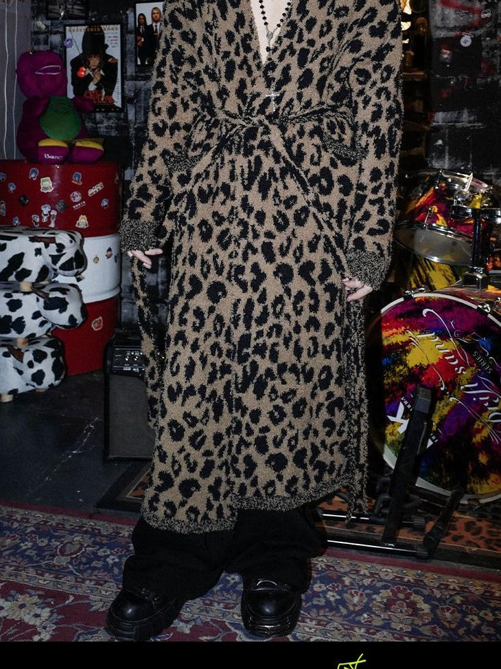 RebelSeed Leopard Print Decorative Loop Tie Drop Shoulder Women's Polyester Long Wrap Coats