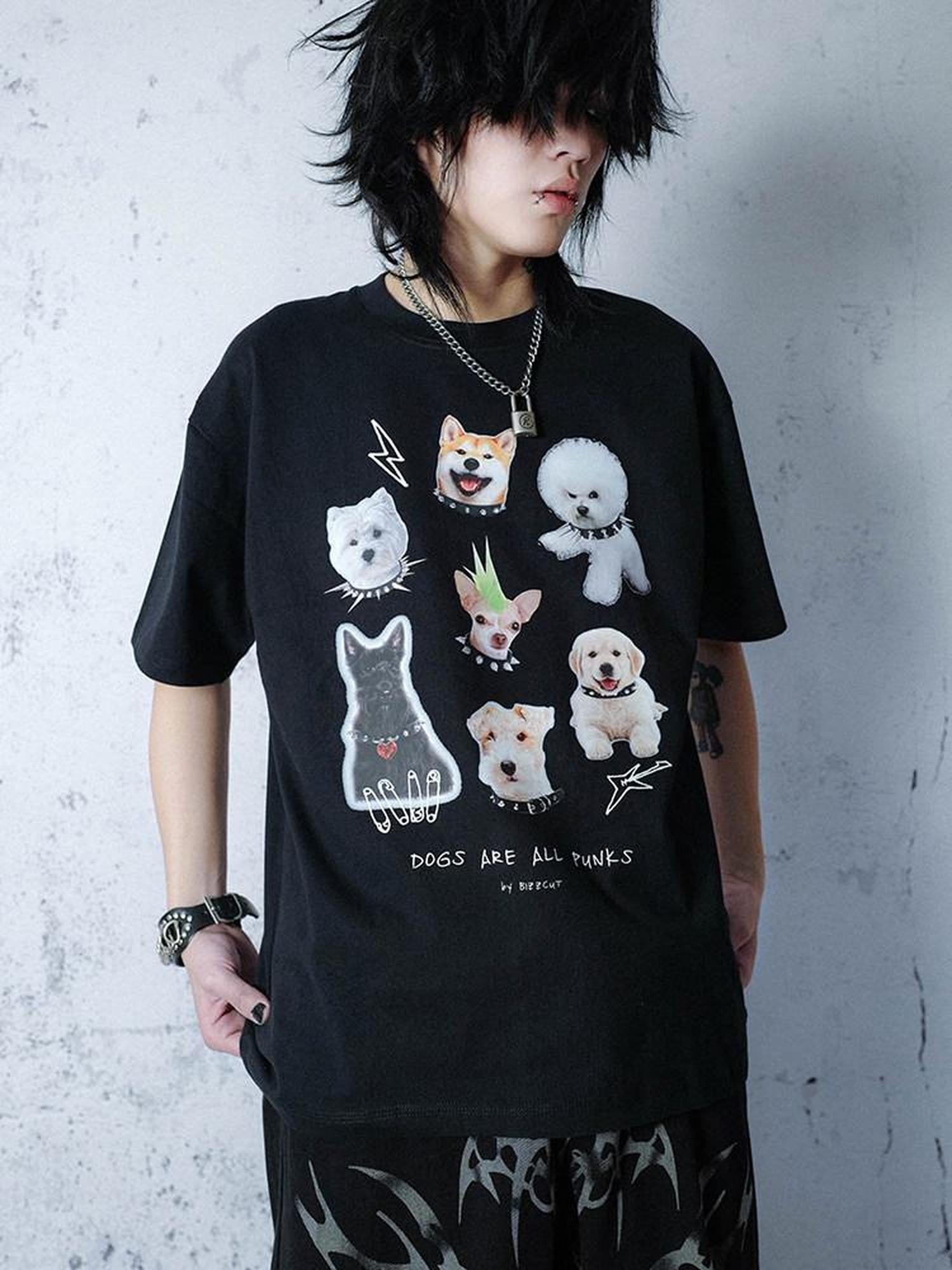RebelSeed Loose Dog Punk Animal Print Heat Transfer Women's Cotton Short Sleeve T-shirts