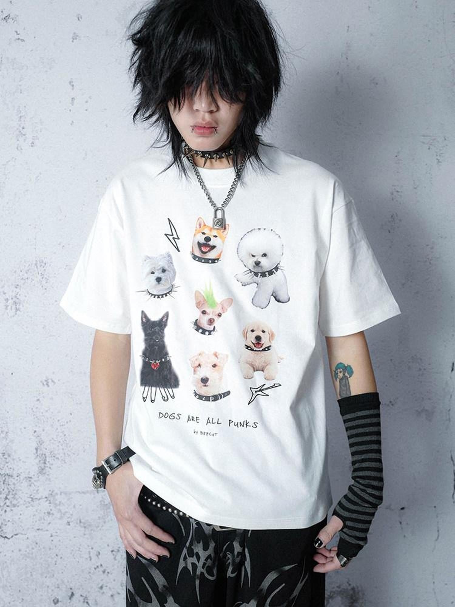 RebelSeed Loose Dog Punk Animal Print Heat Transfer Women's Cotton Short Sleeve T-shirts