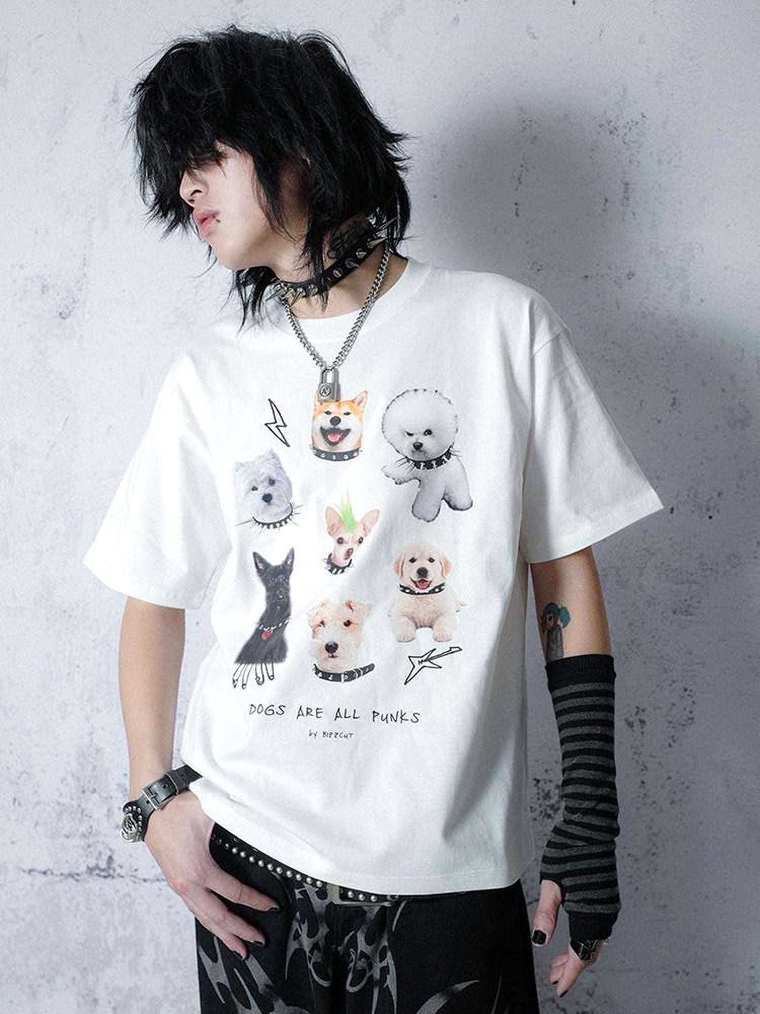 RebelSeed Loose Dog Punk Animal Print Heat Transfer Women's Cotton Short Sleeve T-shirts