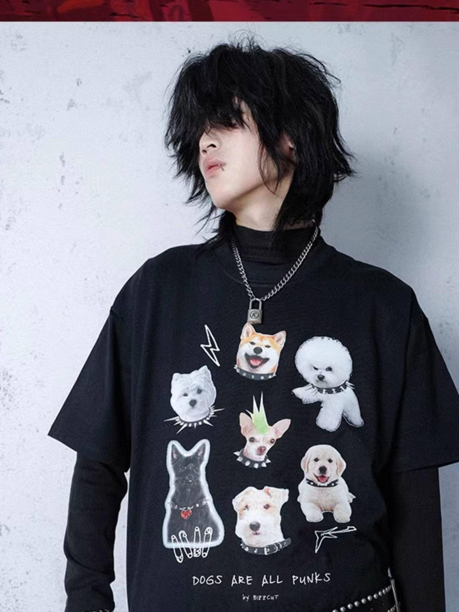 RebelSeed Loose Dog Punk Animal Print Heat Transfer Women's Cotton Short Sleeve T-shirts