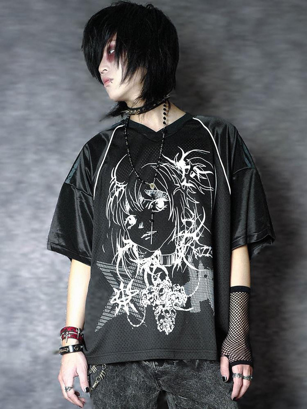 RebelSeed Mesh V-neck Anime Animal Print Heat Transfer Women's Modal Short Sleeve T-shirts