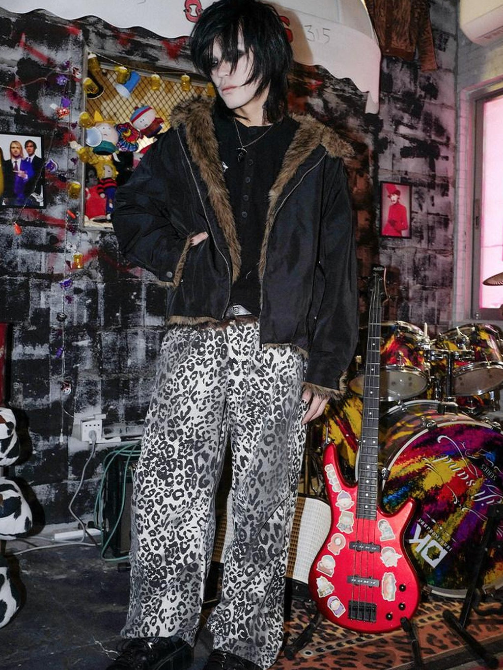 RebelSeed Mottled Leopard Paratrooper Elastic Waist Topstitch Women's Cotton Wide-leg Pants