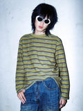 RebelSeed Olive Striped Heat Transfer Drop Shoulder Women's Cotton Long Sleeve T-shirts