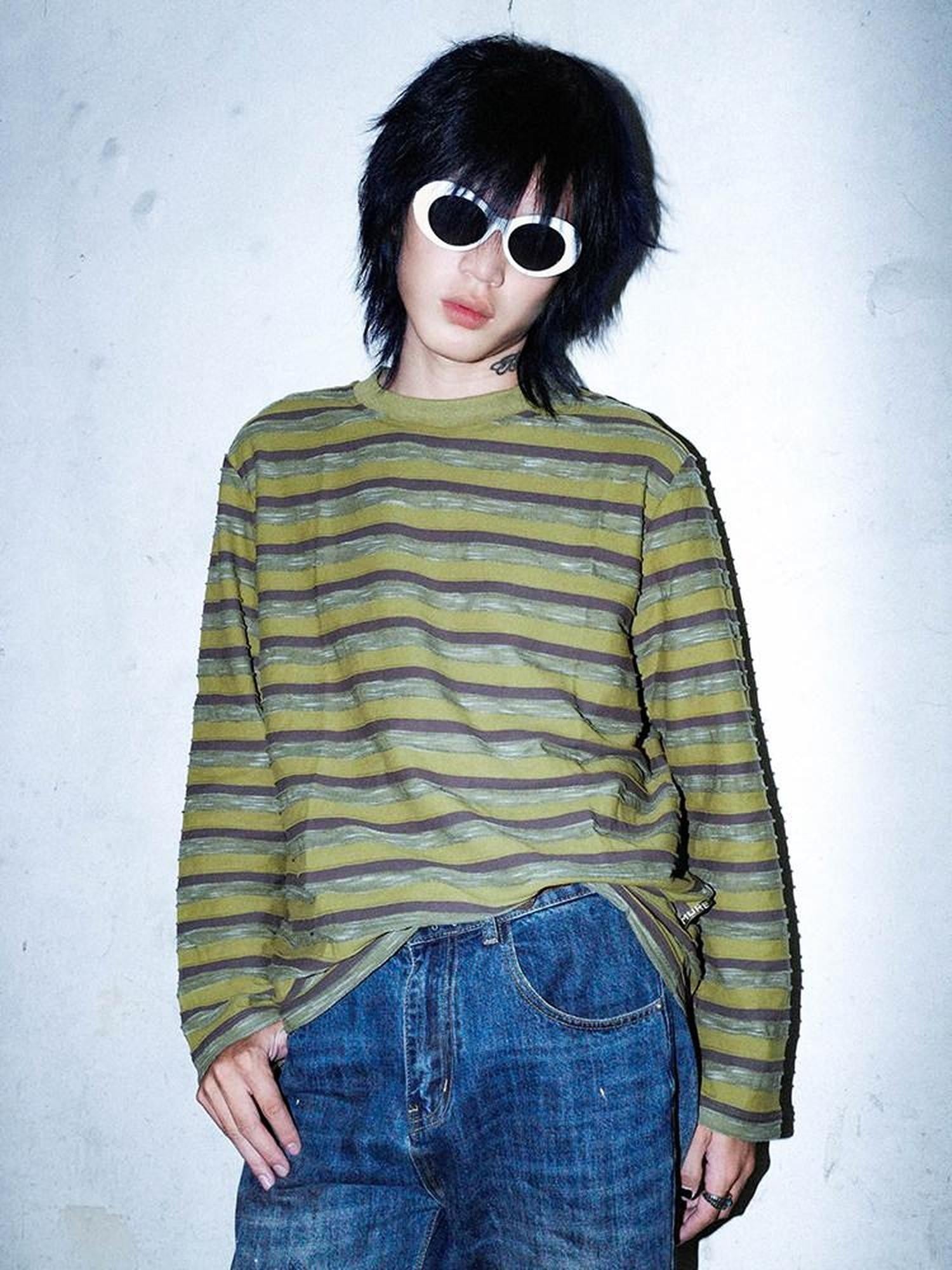 RebelSeed Olive Striped Heat Transfer Drop Shoulder Women's Cotton Long Sleeve T-shirts