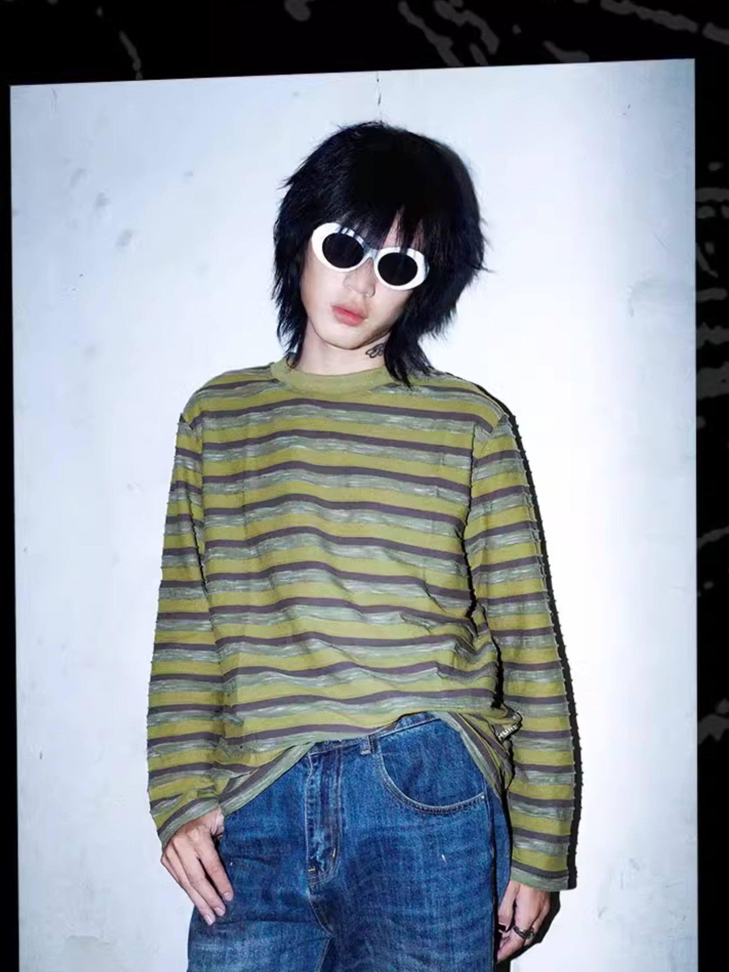RebelSeed Olive Striped Heat Transfer Drop Shoulder Women's Cotton Long Sleeve T-shirts