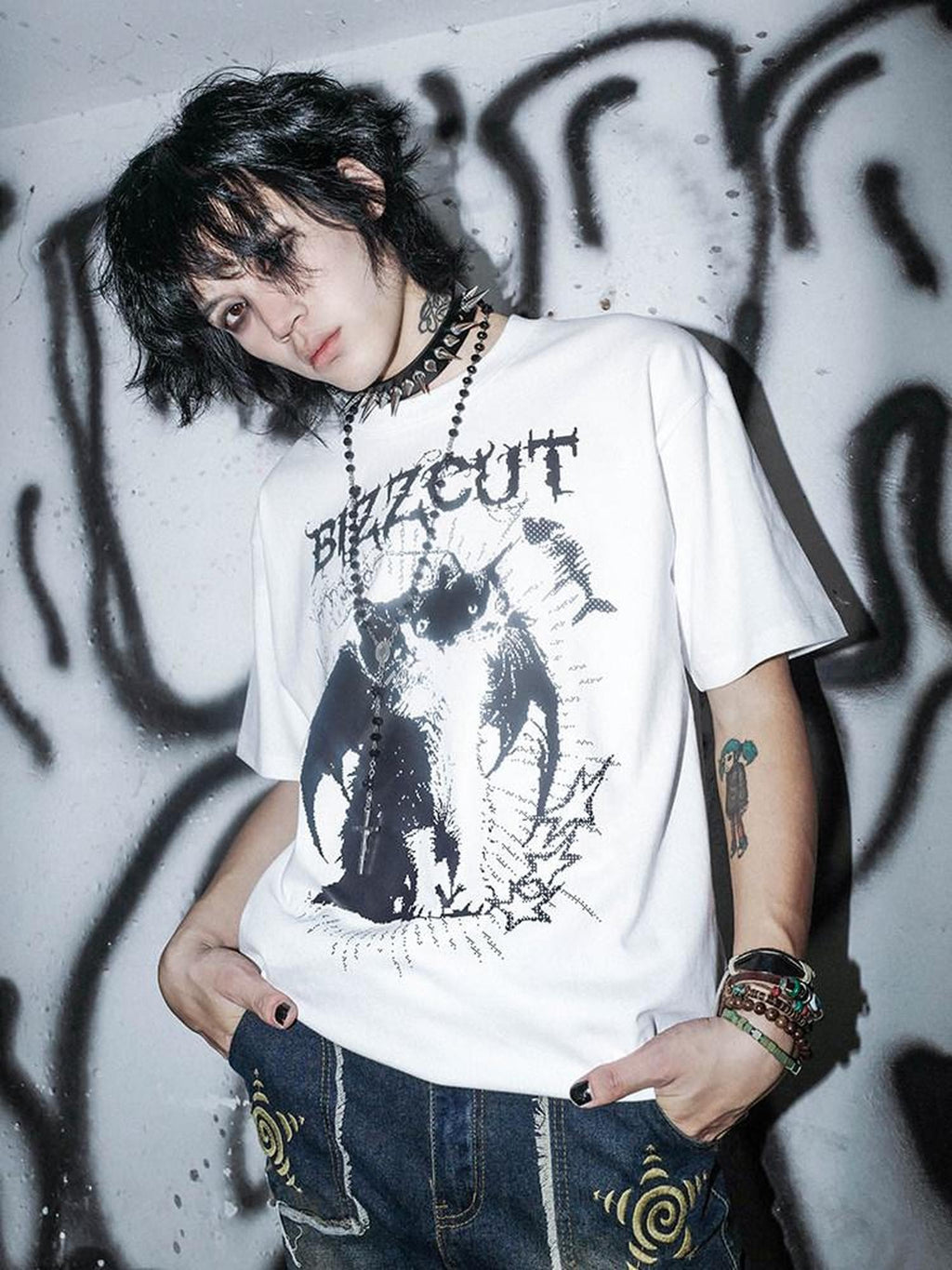 RebelSeed Pixel Cat Print Heat Transfer Dark Drop Shoulder Women's Short Sleeve T-shirts