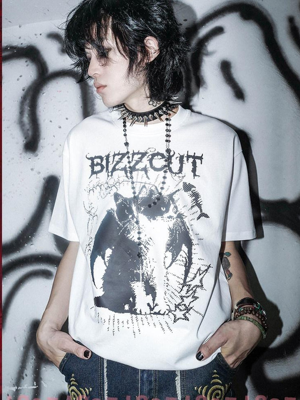 RebelSeed Pixel Cat Print Heat Transfer Dark Drop Shoulder Women's Short Sleeve T-shirts